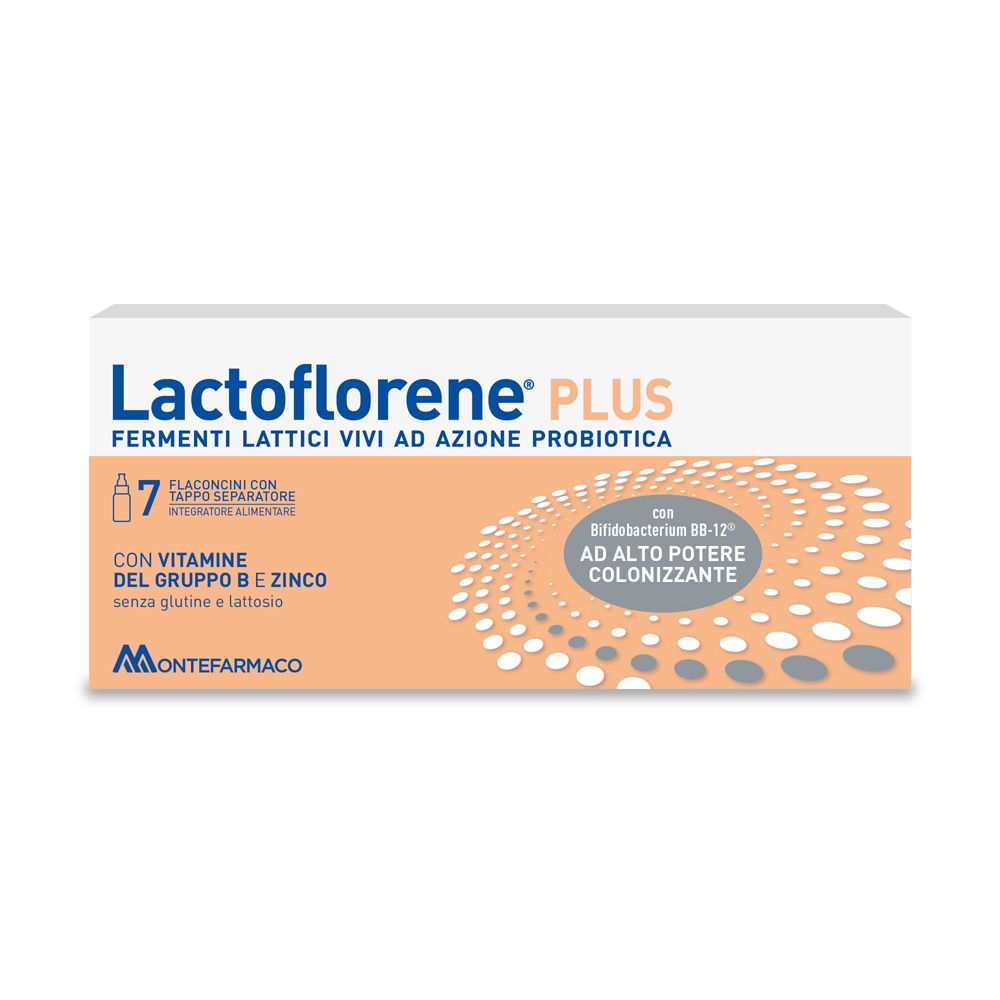 Lactoflorene® PLUS. Confezione da 7 flaconcini. Contiene fermenti lattici vivi, zinco e vitamina B. Senza glutine e lattosio.
