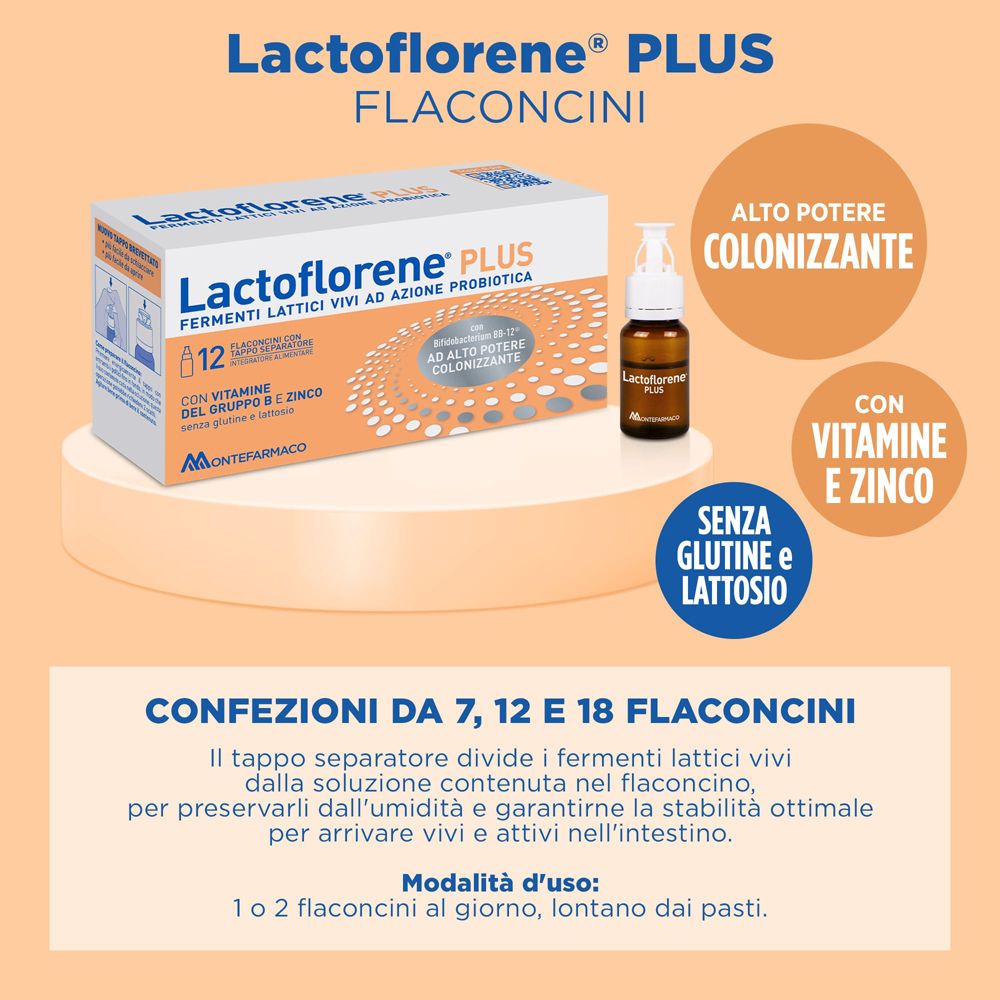 Lactoflorene® PLUS. Confezione con flaconcini. Contiene fermenti lattici vivi, zinco e vitamina B. Senza glutine e lattosio.