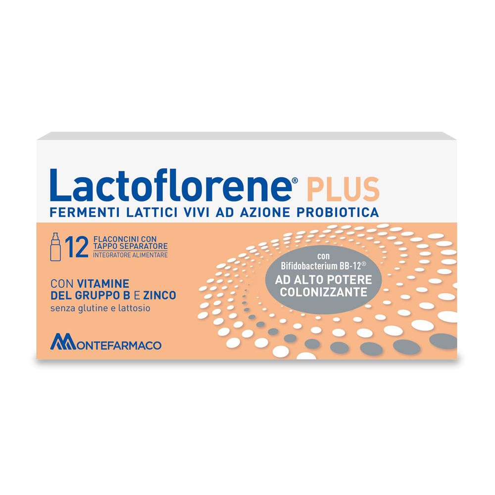 Confezione Lactoflorene® Plus. Contiene 12 flaconcini con fermenti lattici vivi, vitamina B e zinco. Marchio Montefarmaco.