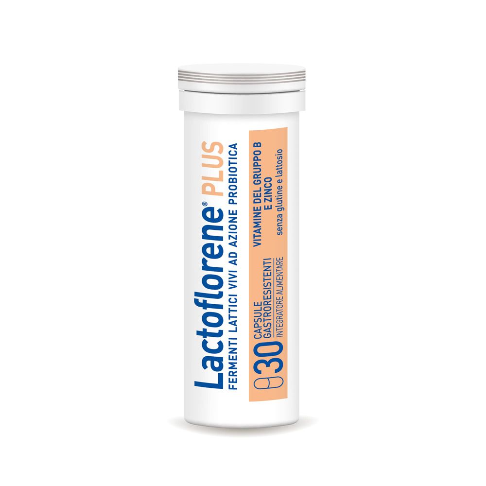 Tubo bianco Lactoflorene® PLUS. Scritta: Fermenti lattici vivi ad azione probiotica. 30 capsule. Striscia arancione.