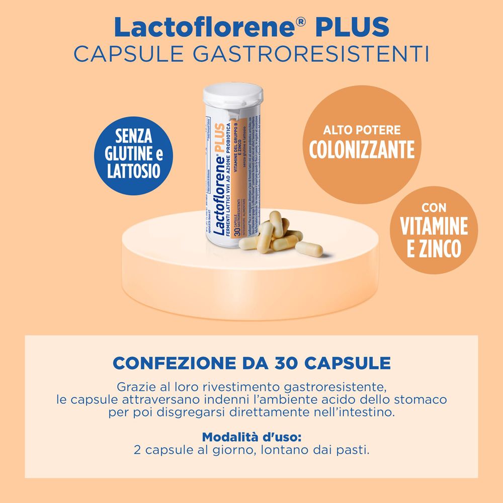 Confezione Lactoflorene® PLUS con capsule. Testo: Senza glutine e lattosio. 30 capsule. Con vitamine e zinco.