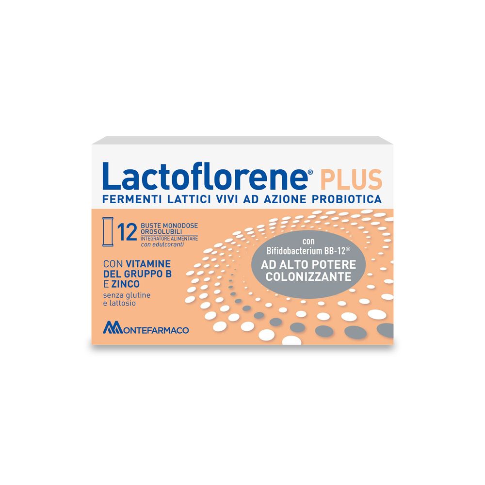 Scatola di Lactoflorene® PLUS. 12 bustine, azione probiotica. Contiene vitamina B, zinco, senza glutine e lattosio.
