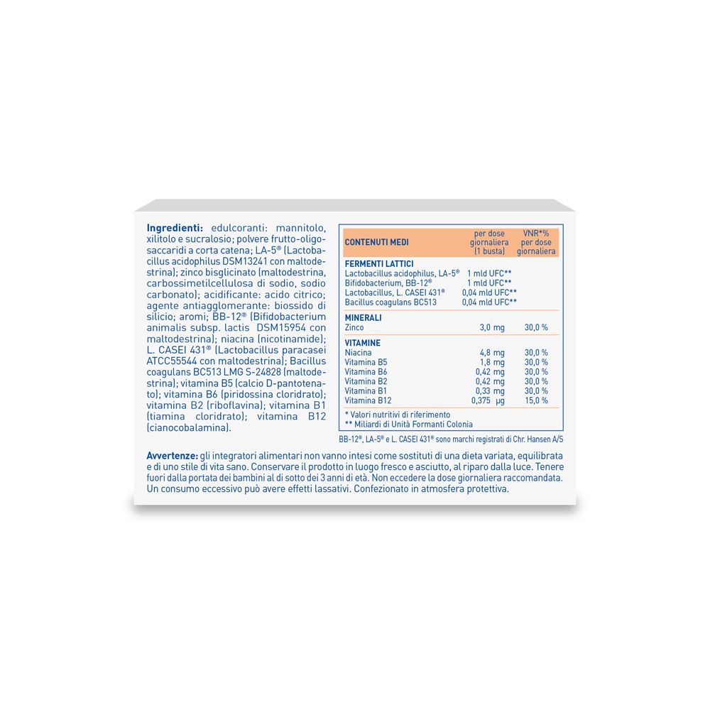Retro della confezione Lactoflorene® PLUS. Contiene ingredienti, informazioni nutrizionali e avvertenze.