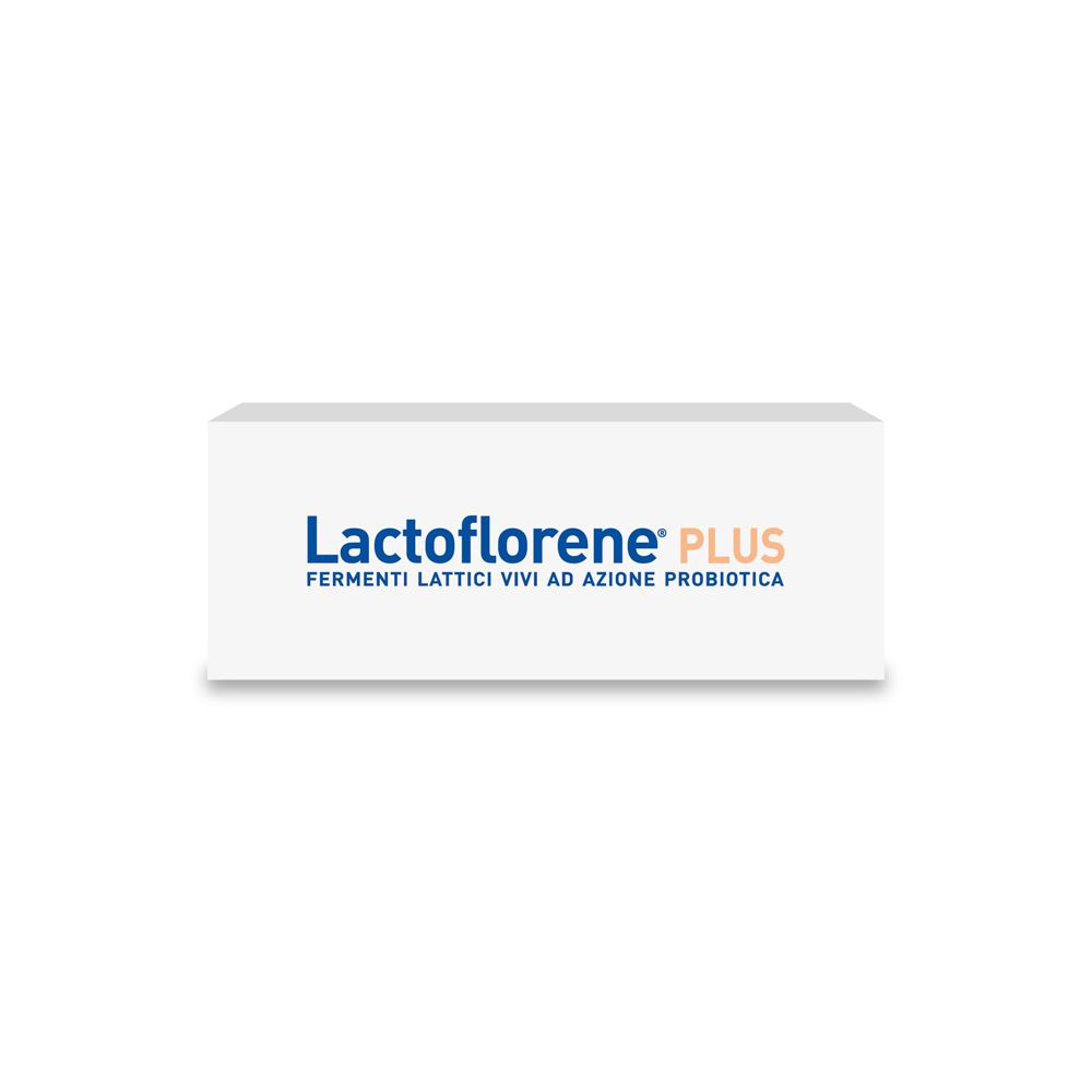 Confezione Lactoflorene® PLUS. Azione probiotica. Contiene fermenti lattici vivi. Da assumere senza acqua.