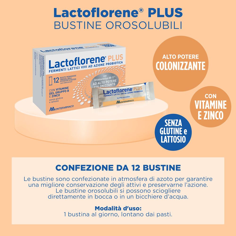 Scatola Lactoflorene® PLUS. 12 bustine, azione probiotica. Contiene vitamina B, zinco, senza glutine e lattosio.