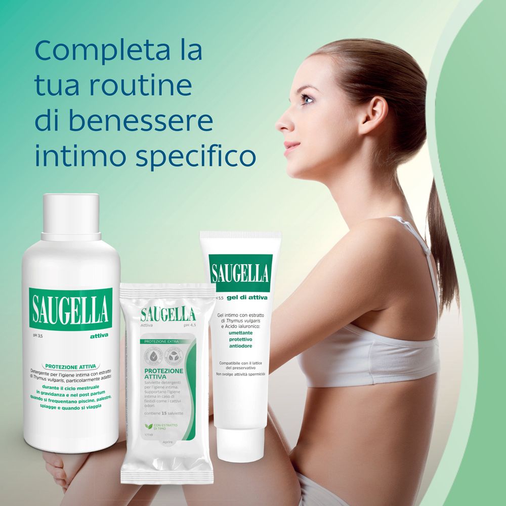 Tre prodotti Saugella. Flacone, bustina, tubo. Testo: Saugella. Per il benessere intimo.