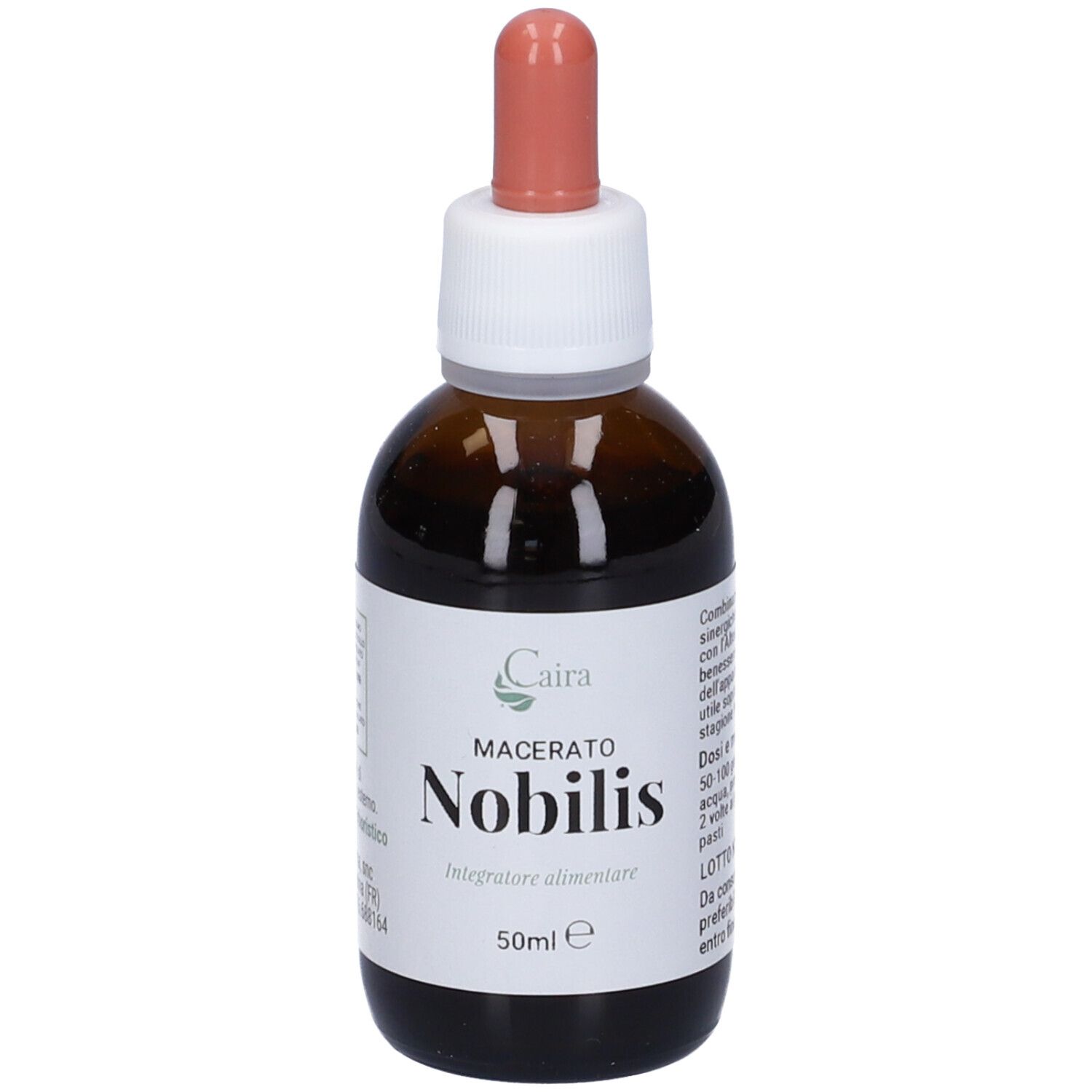 Flacone di vetro marrone con etichetta bianca. Contagocce. Nome e marchio del prodotto visibili.