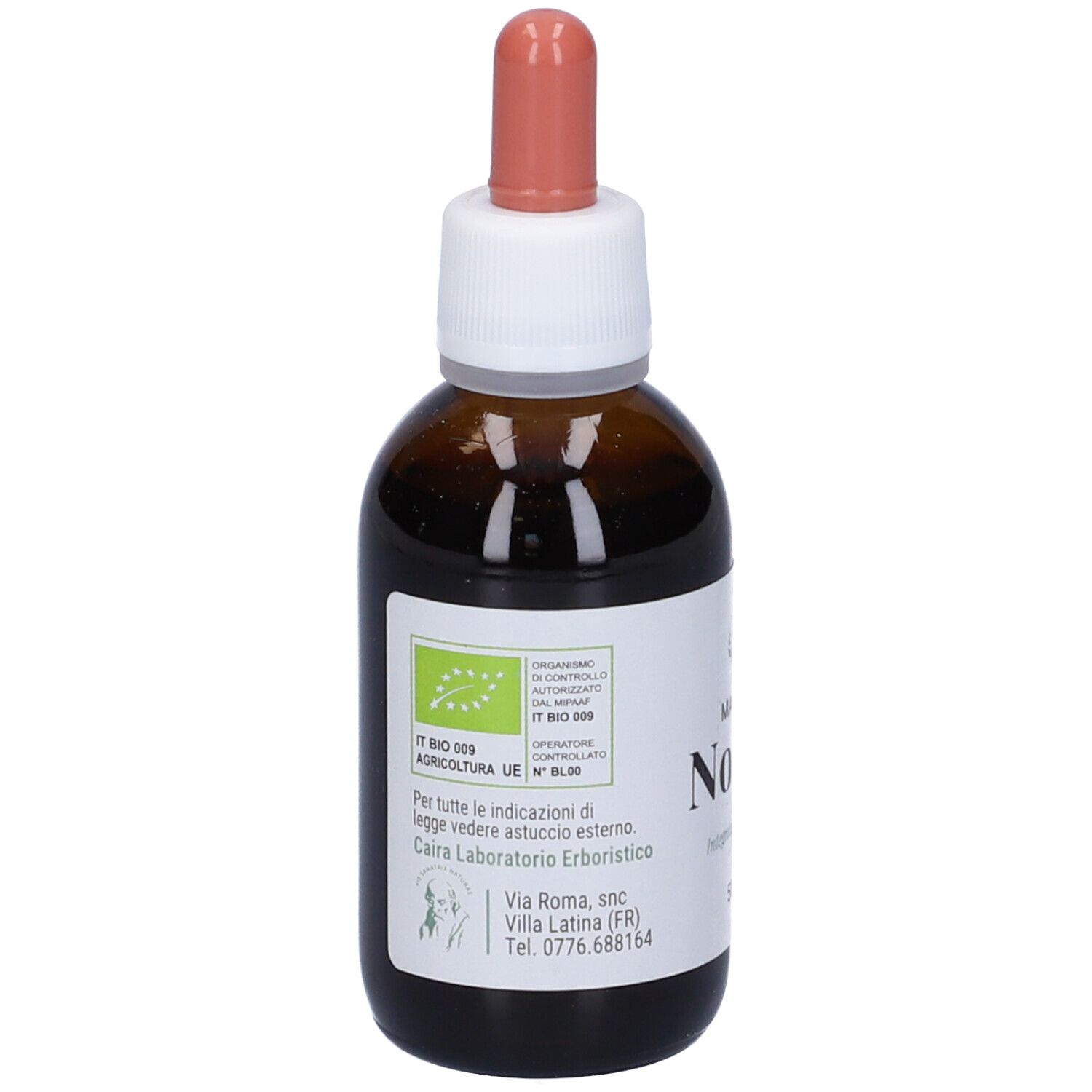 Flacone di vetro marrone con etichetta bianca. Contagocce. Certificazione biologica e informazioni sul prodotto.