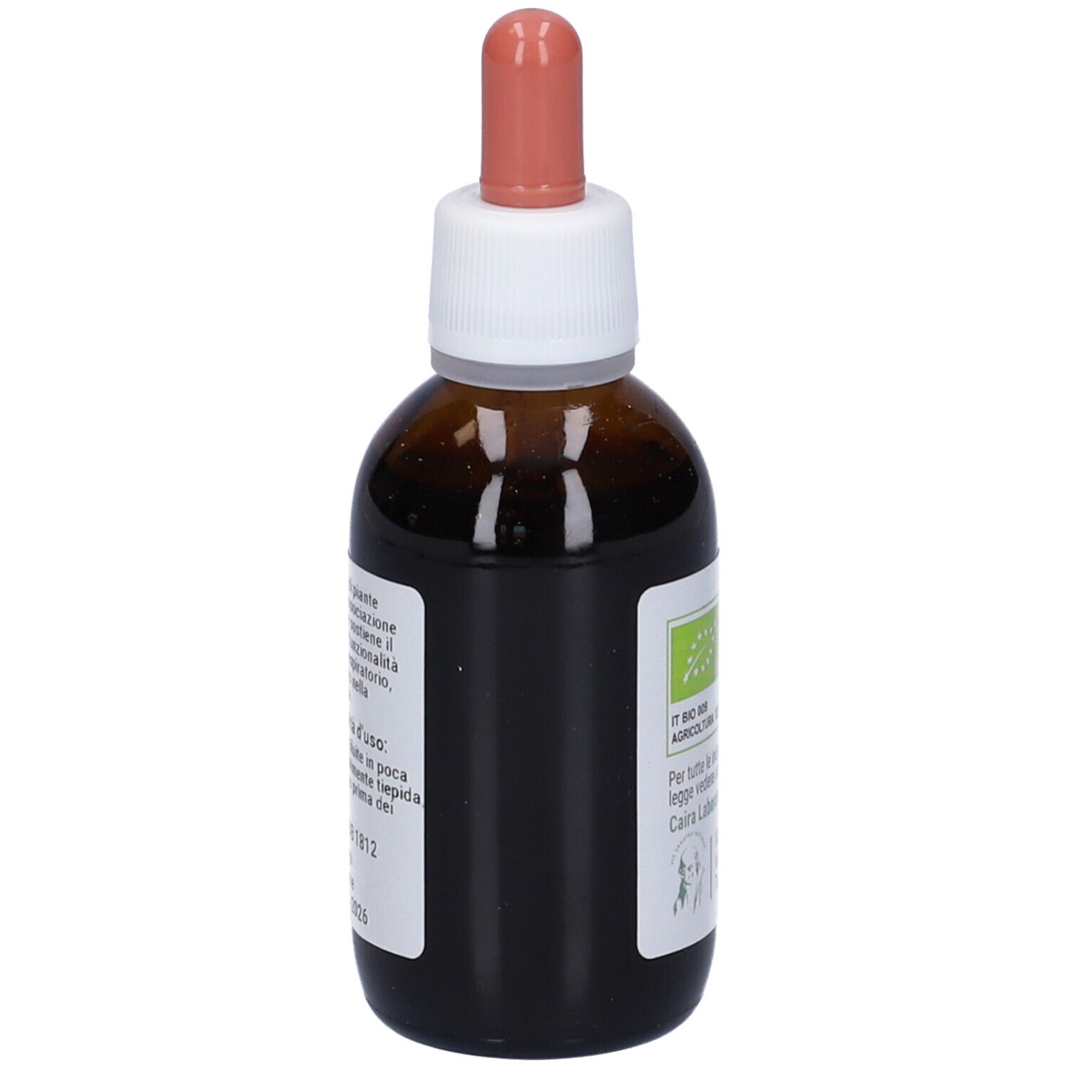 Flacone di vetro marrone con etichetta bianca. Contagocce. Informazioni sul prodotto e numero di lotto.