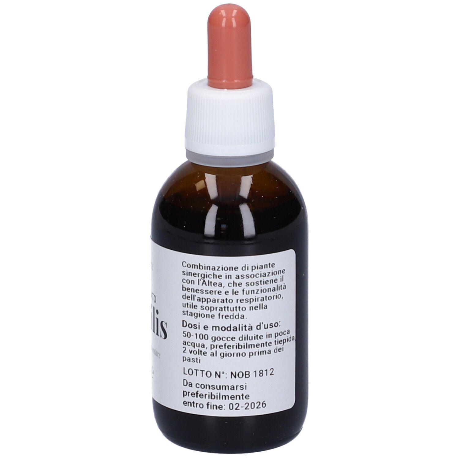 Flacone di vetro marrone con etichetta bianca. Contagocce. Informazioni sul prodotto e istruzioni per il dosaggio.