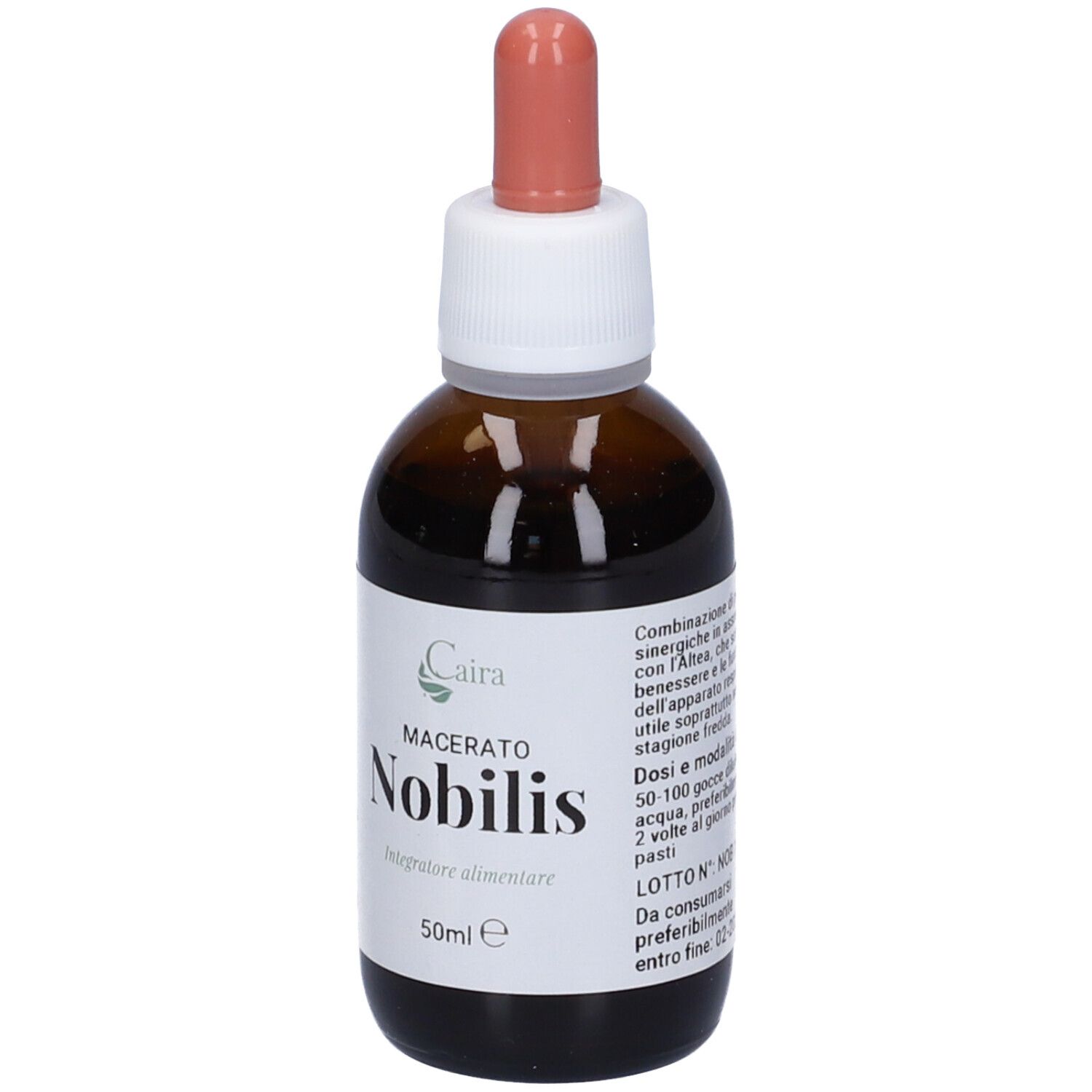 Flacone di vetro marrone con etichetta bianca. Contagocce. Nome del prodotto, marchio e volume.