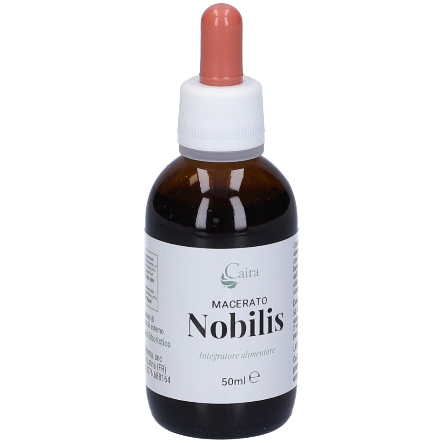 Flacone di vetro marrone con etichetta bianca. Contagocce. Nome del prodotto, marchio e volume.