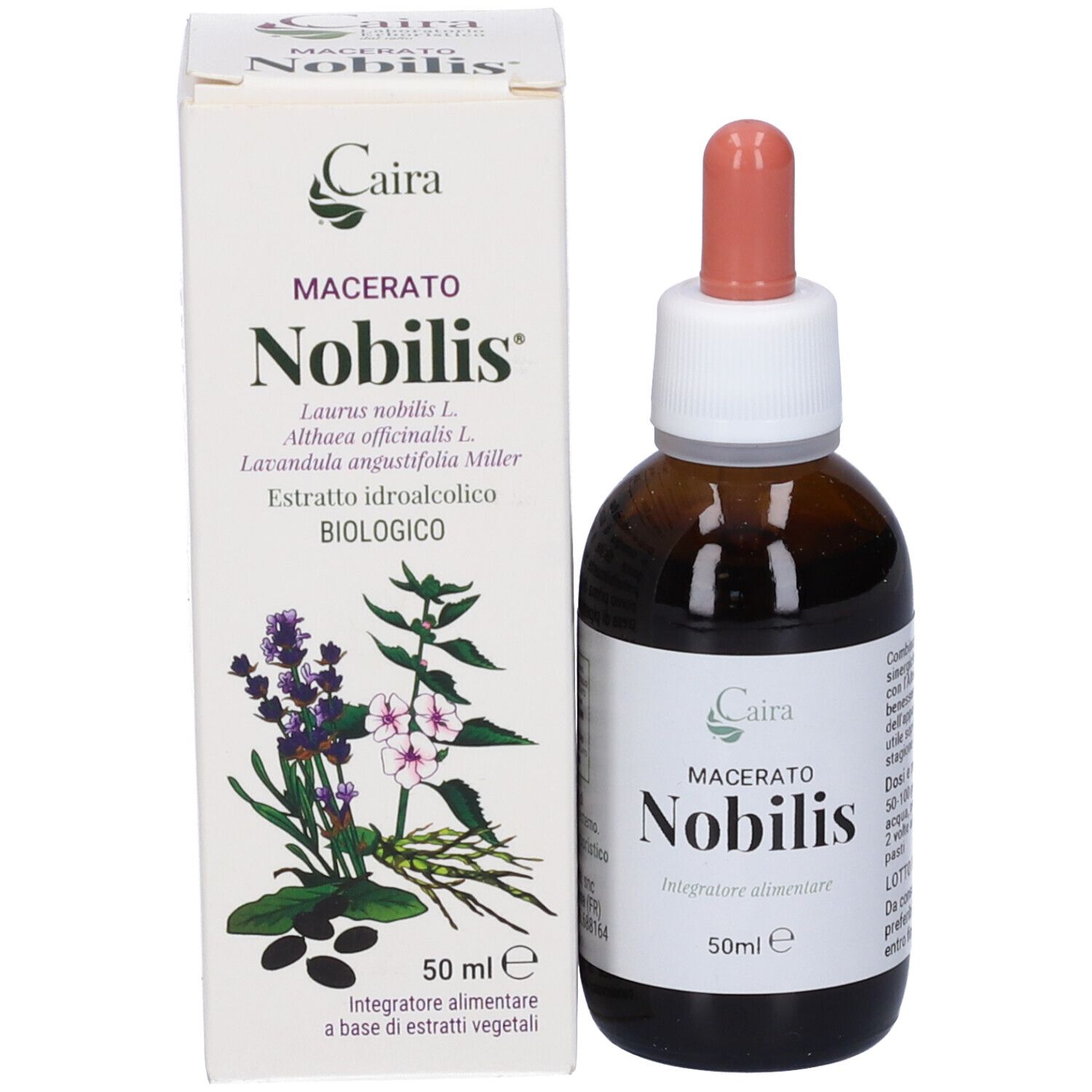 Flacone e confezione del prodotto. Flacone con contagocce. Confezione con nome del prodotto e illustrazioni.