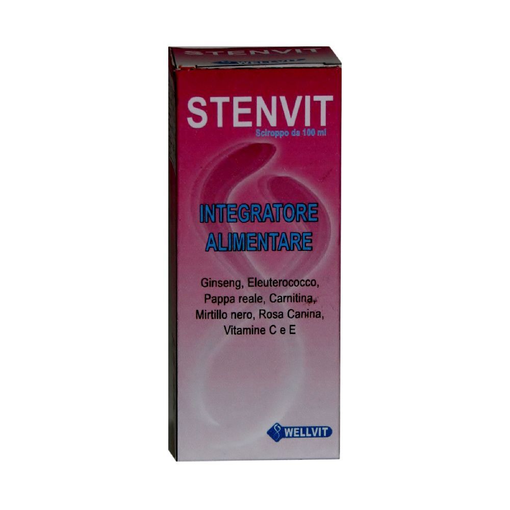 Confezione di Stenvit. Scritta: INTEGRATORE ALIMENTARE. Contiene ginseng, Eleuterococco, pappa reale, carnitina, mirtillo nero, rosa canina, vitamine C e E.