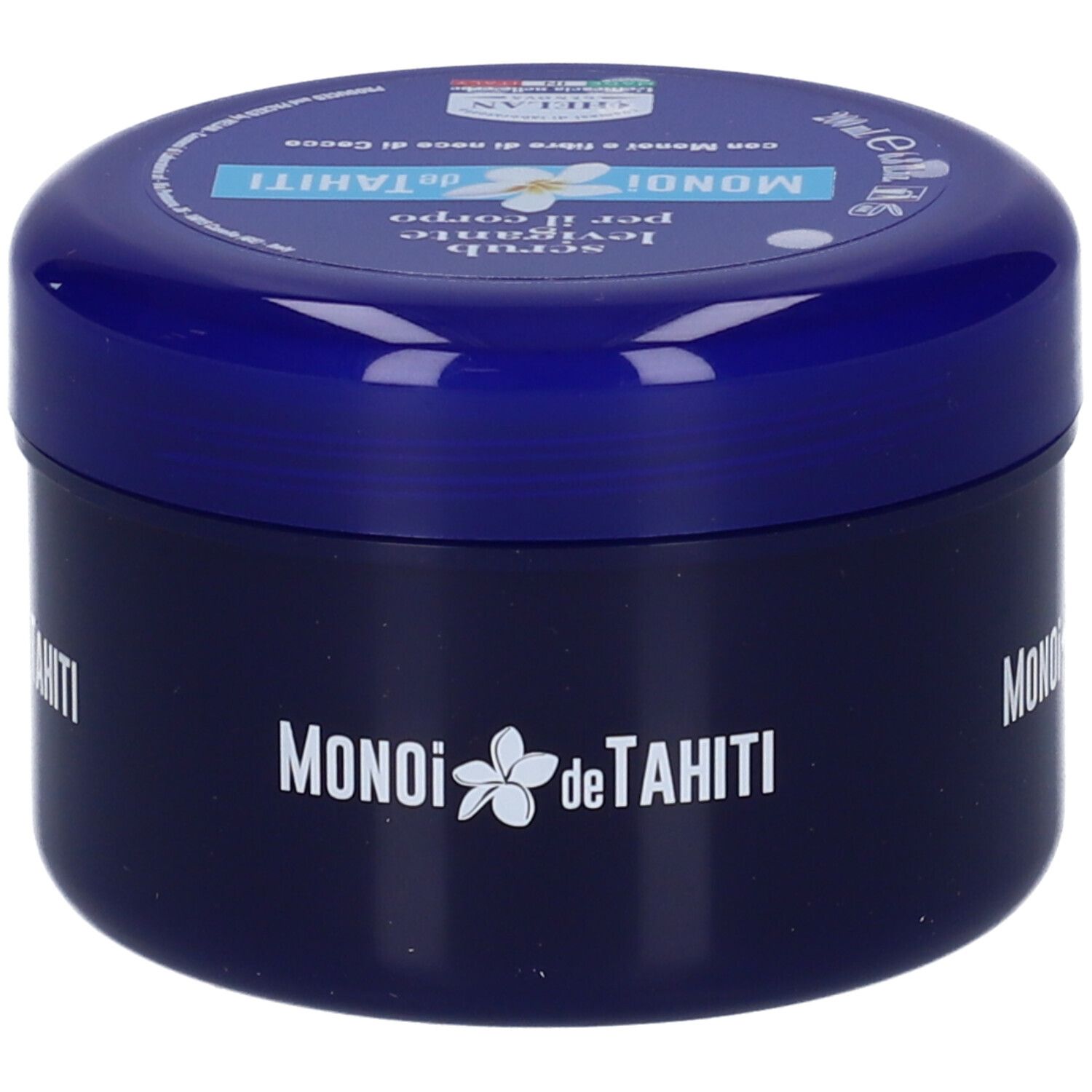 Barattolo blu scuro con coperchio blu. Scritta: Monoi de Tahiti. Decorazione floreale. Testo in italiano.