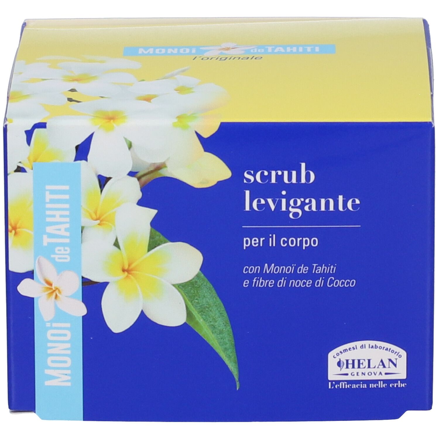 Confezione blu-gialla con decoro floreale. Scritta: Monoi de Tahiti. Testo in italiano.