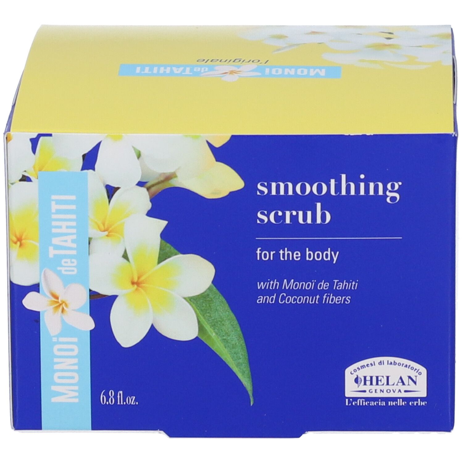 Confezione blu-gialla con decoro floreale. Scritta: Smoothing Scrub. Testo in inglese.