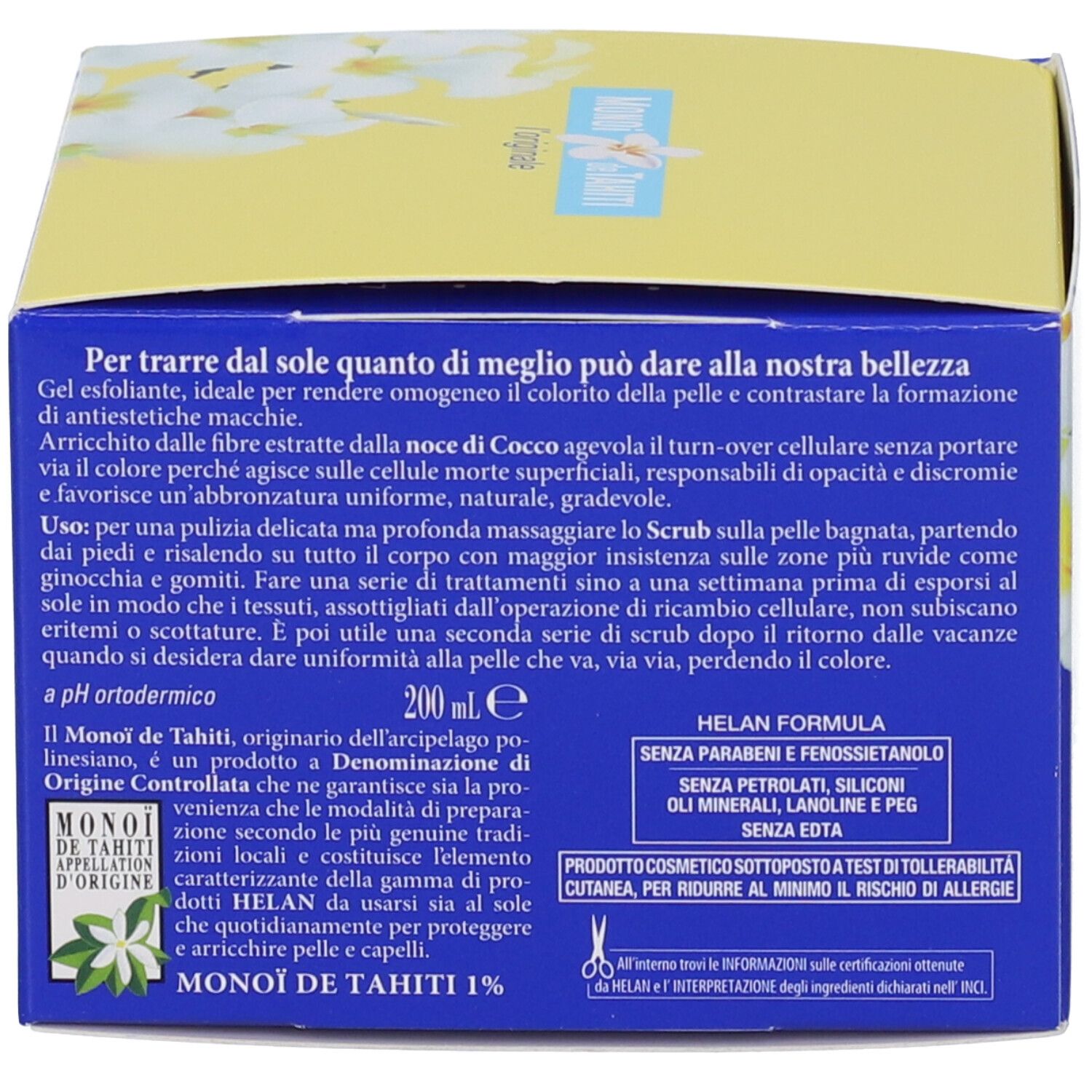 Retro della confezione. Testo in italiano. Ingredienti. Logo Monoi de Tahiti. 200 ml.