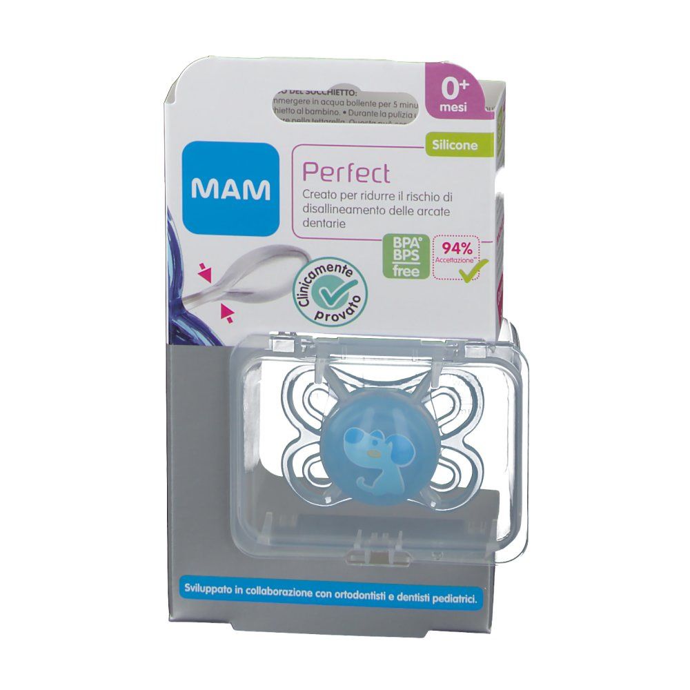 Succhietto blu MAM Perfect 0+ Mesi in confezione trasparente. Informazioni sul prodotto e certificazioni. Marchio MAM.