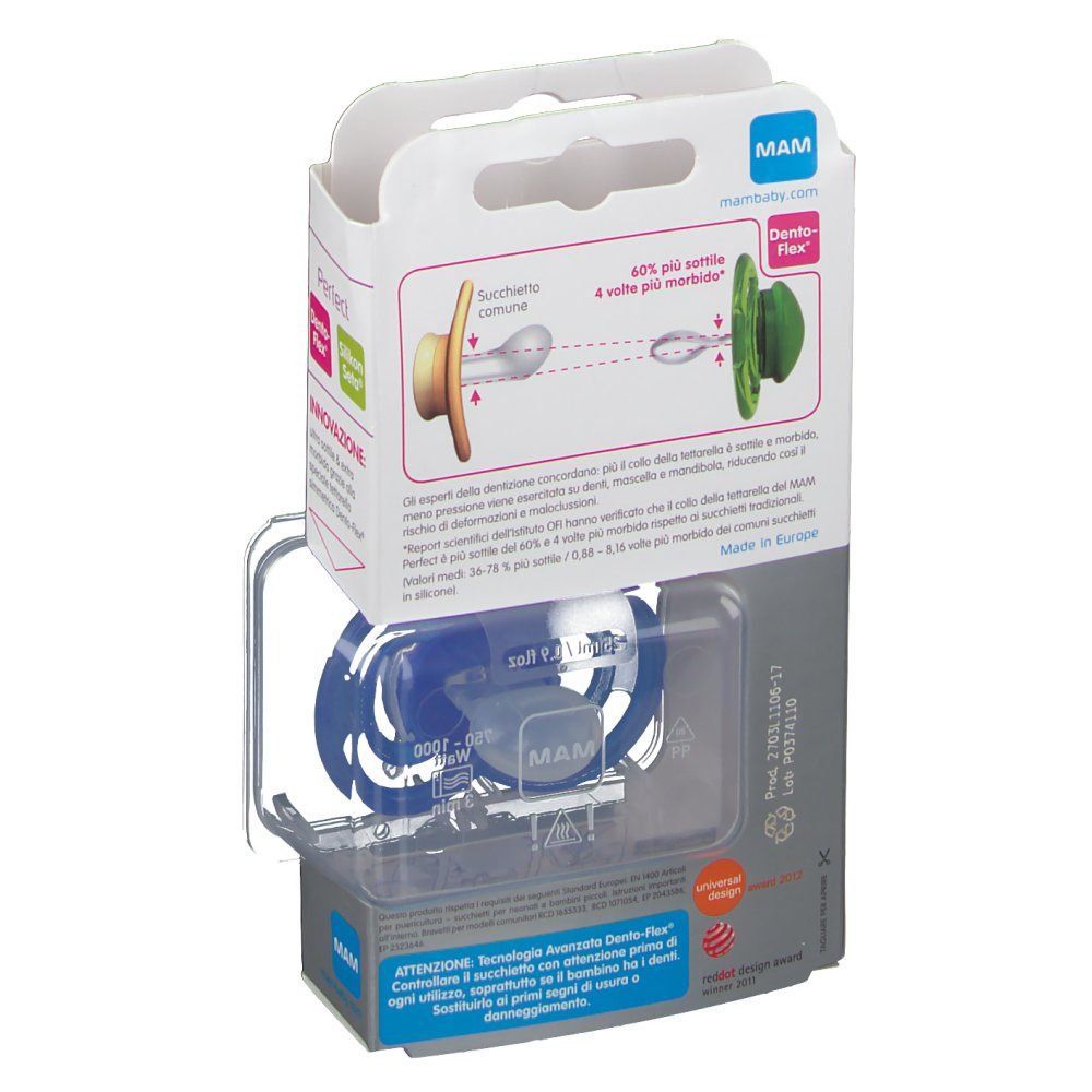 Retro della confezione MAM Perfect. Illustrazione del prodotto, testo e informazioni. Made in Europe.