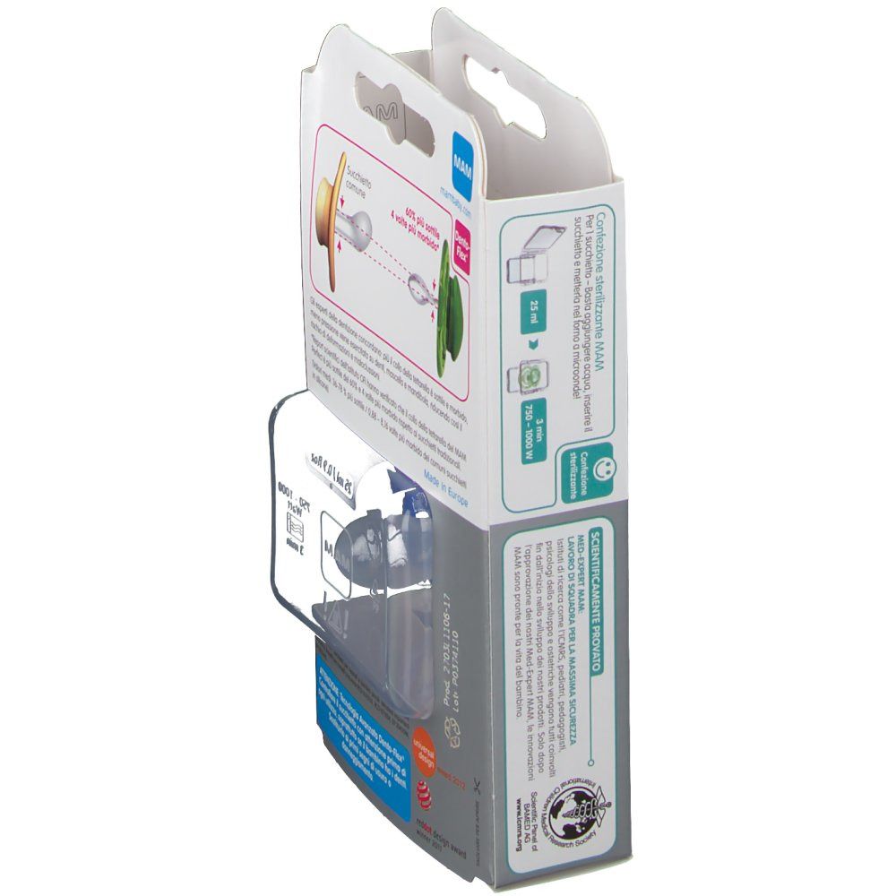 Vista laterale della confezione MAM Perfect. Prodotto e informazioni. Testo in italiano.