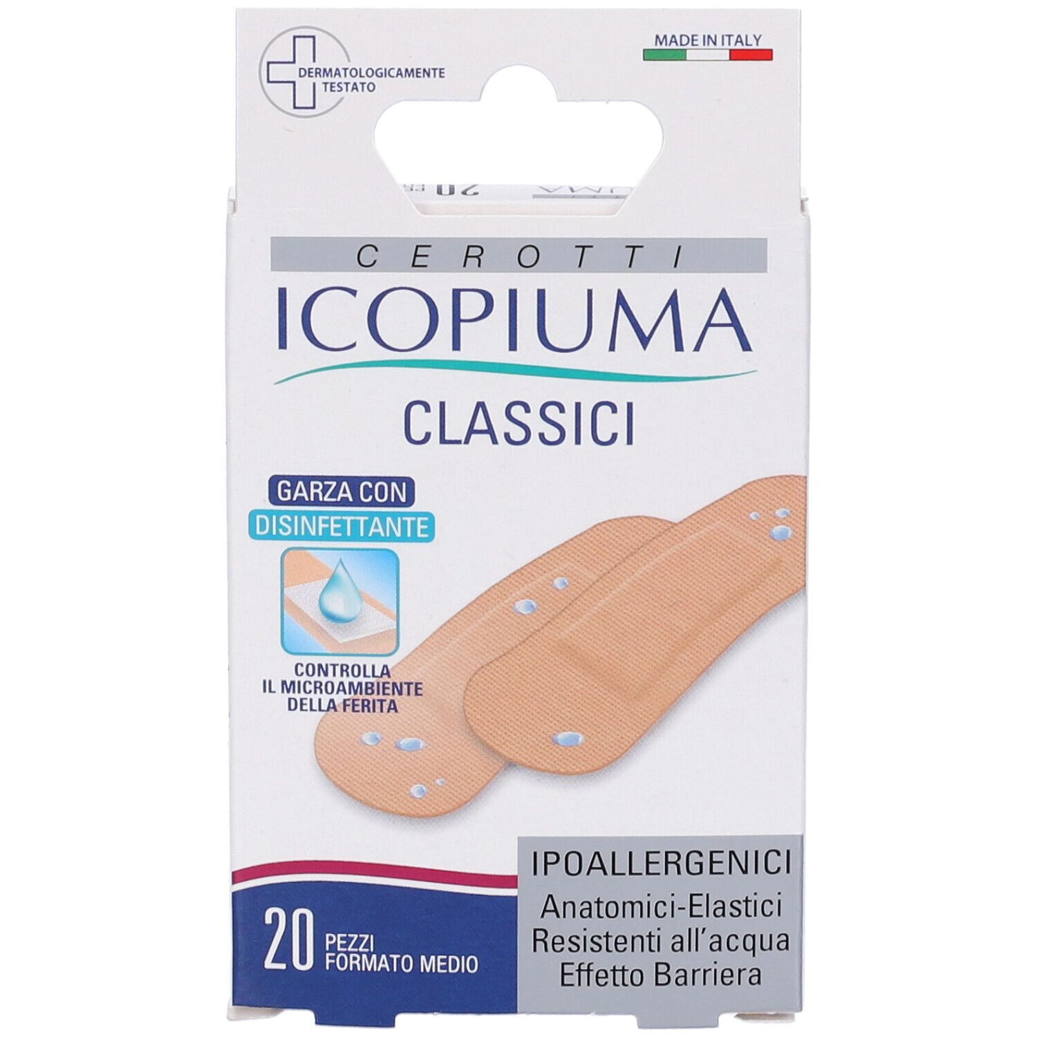 Confezione di cerotti Icopiuma Classici, 20 pezzi. Garza disinfettante, anatomici, elastici, resistenti all'acqua.