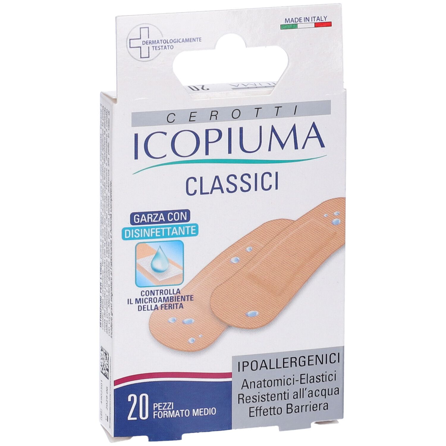 Confezione di cerotti Icopiuma Classici, 20 pezzi. Garza disinfettante, anatomici, elastici, resistenti all'acqua.