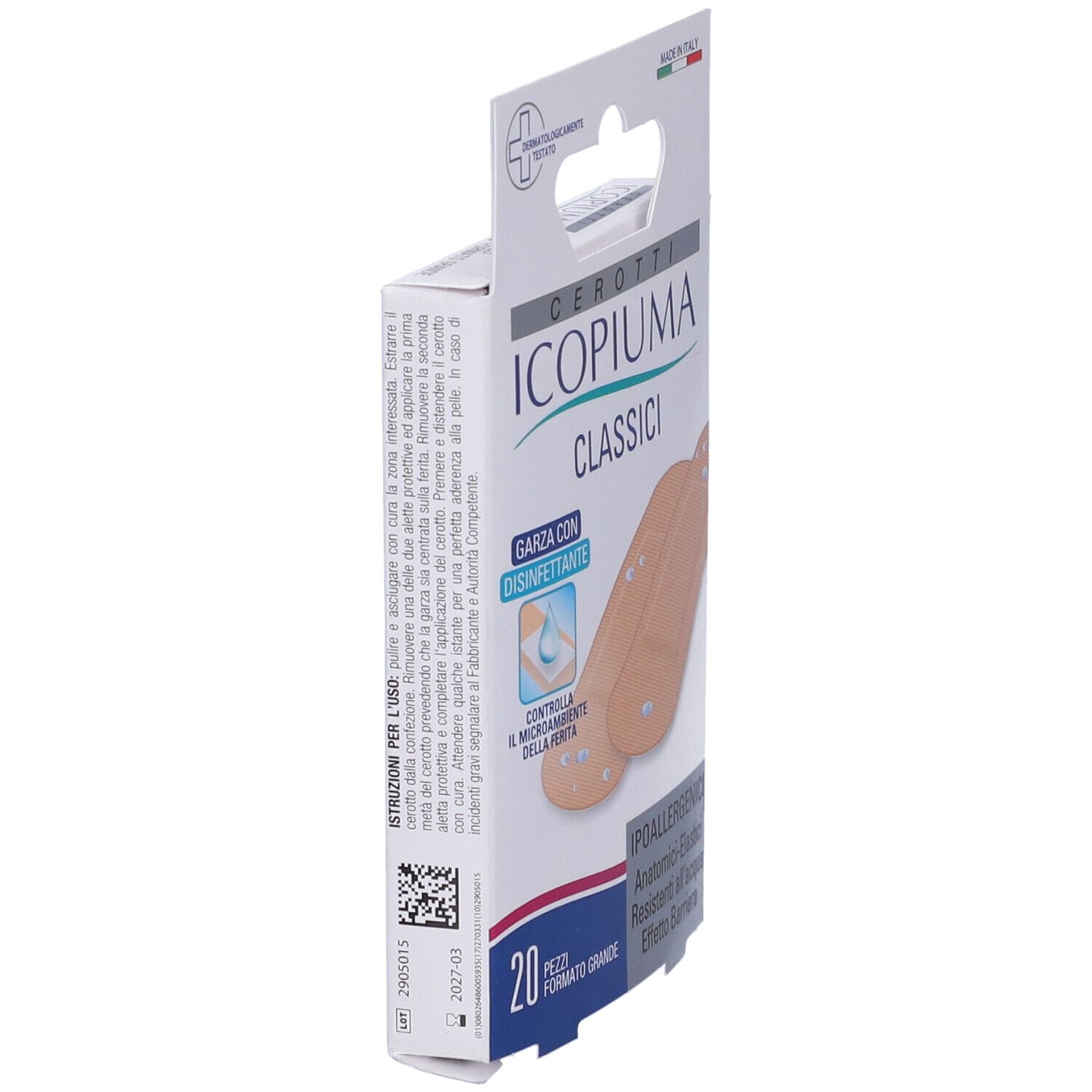 Confezione di Cerotti Icopiuma Classici Grande, 20 pezzi. Vista laterale. Cerotti e testo visibili.