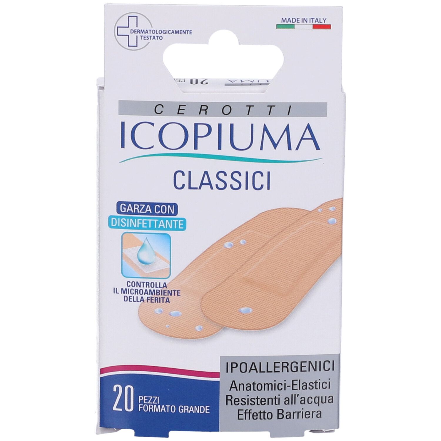 Confezione di Cerotti Icopiuma Classici Grande, 20 pezzi. Contiene cerotti. Garza con disinfettante.