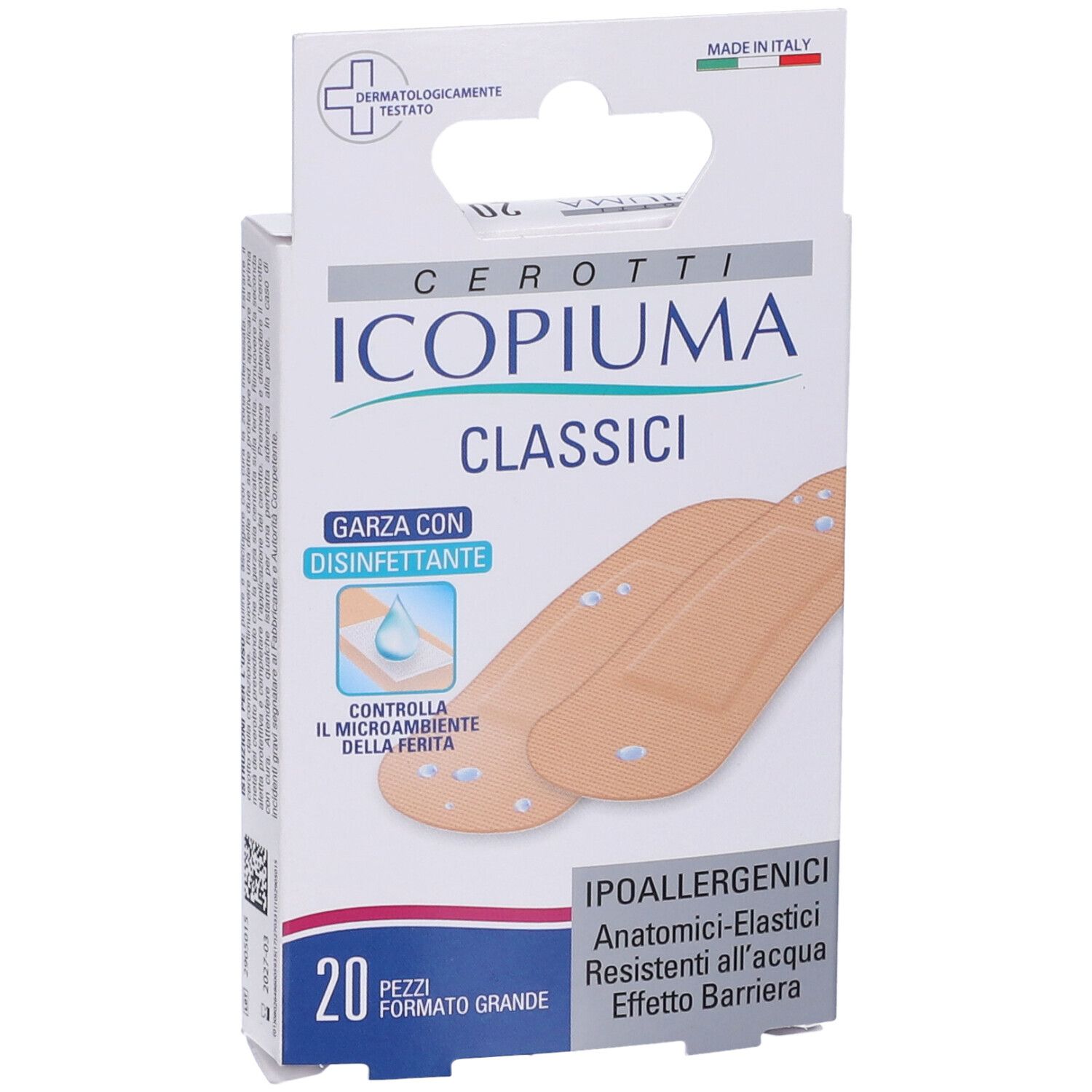 Confezione di Cerotti Icopiuma Classici Grande, 20 pezzi. Contiene cerotti. Garza con disinfettante.