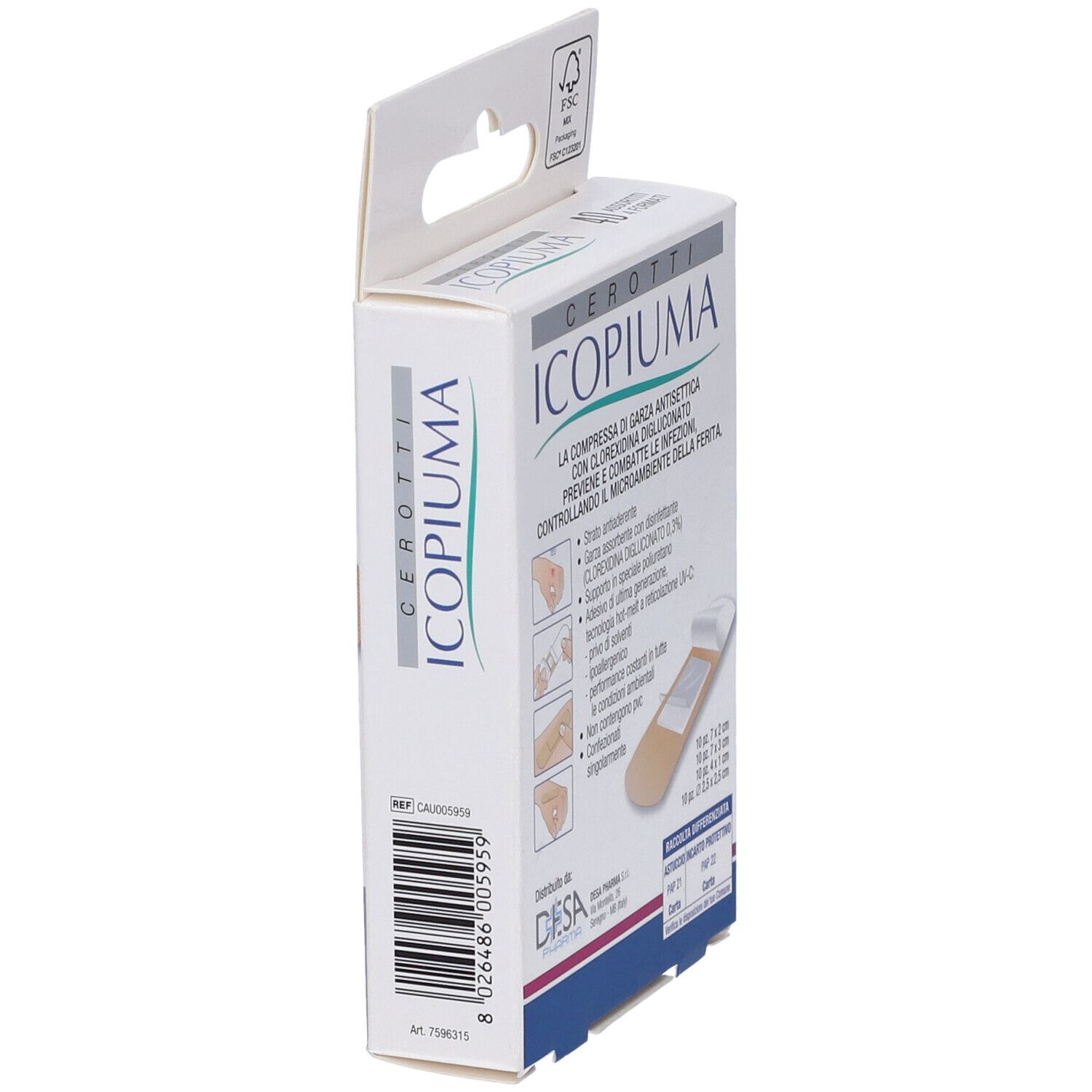Vista laterale della confezione di cerotti Icopiuma. Codice a barre e informazioni del produttore.