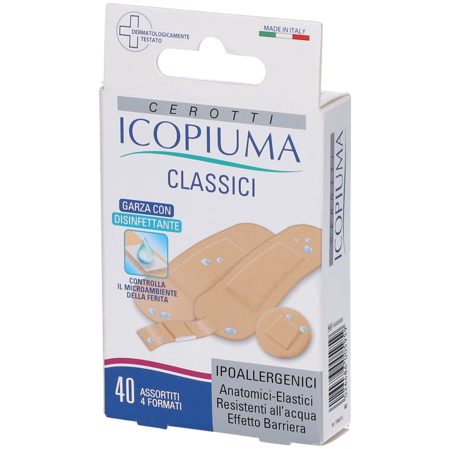 Confezione di cerotti Icopiuma Classici, 40 pezzi. Anatomicamente elastici, resistenti all'acqua.