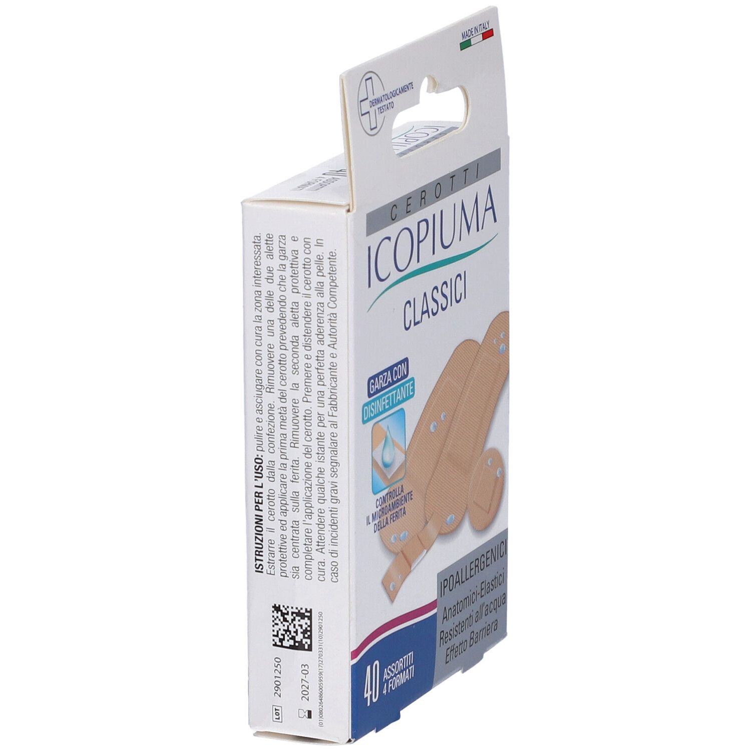 Vista laterale della confezione di cerotti Icopiuma Classici, 40 pezzi. Istruzioni per l'uso.