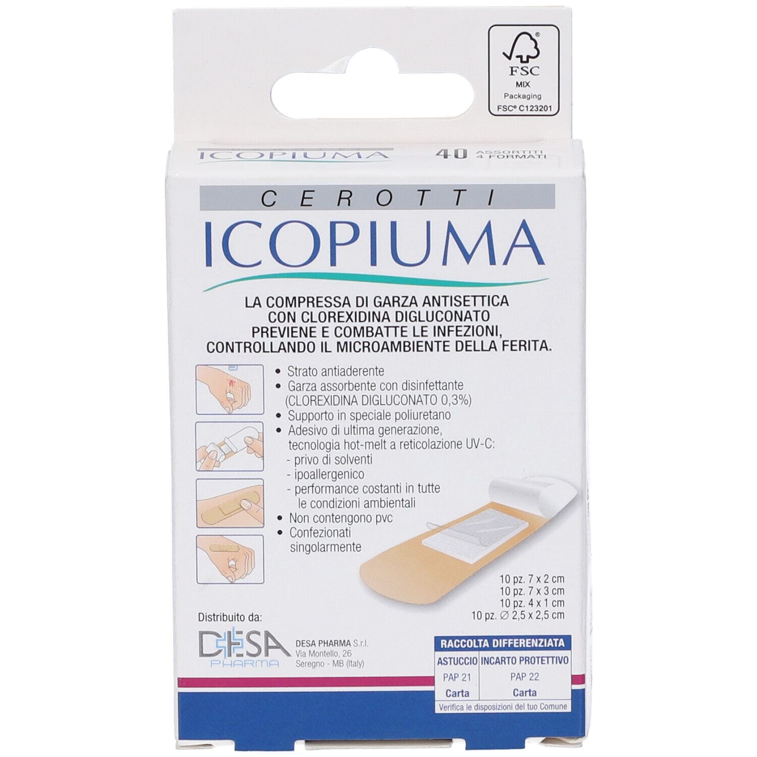 Confezione di cerotti Icopiuma. Contiene 40 pezzi. Certificazione FSC. Dimensioni cerotti.