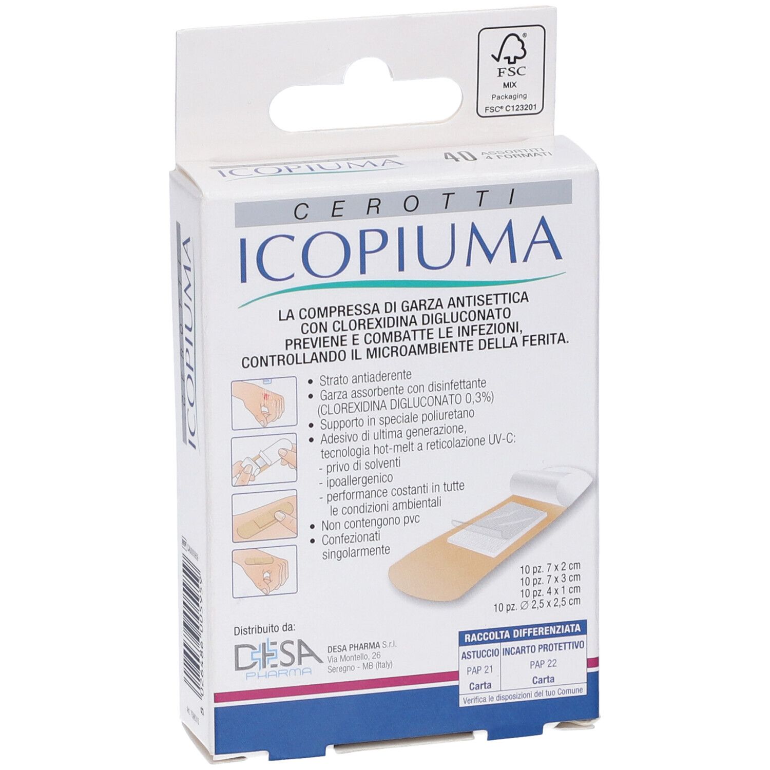 Confezione di cerotti Icopiuma. Contiene 40 pezzi. Certificazione FSC. Dimensioni cerotti.