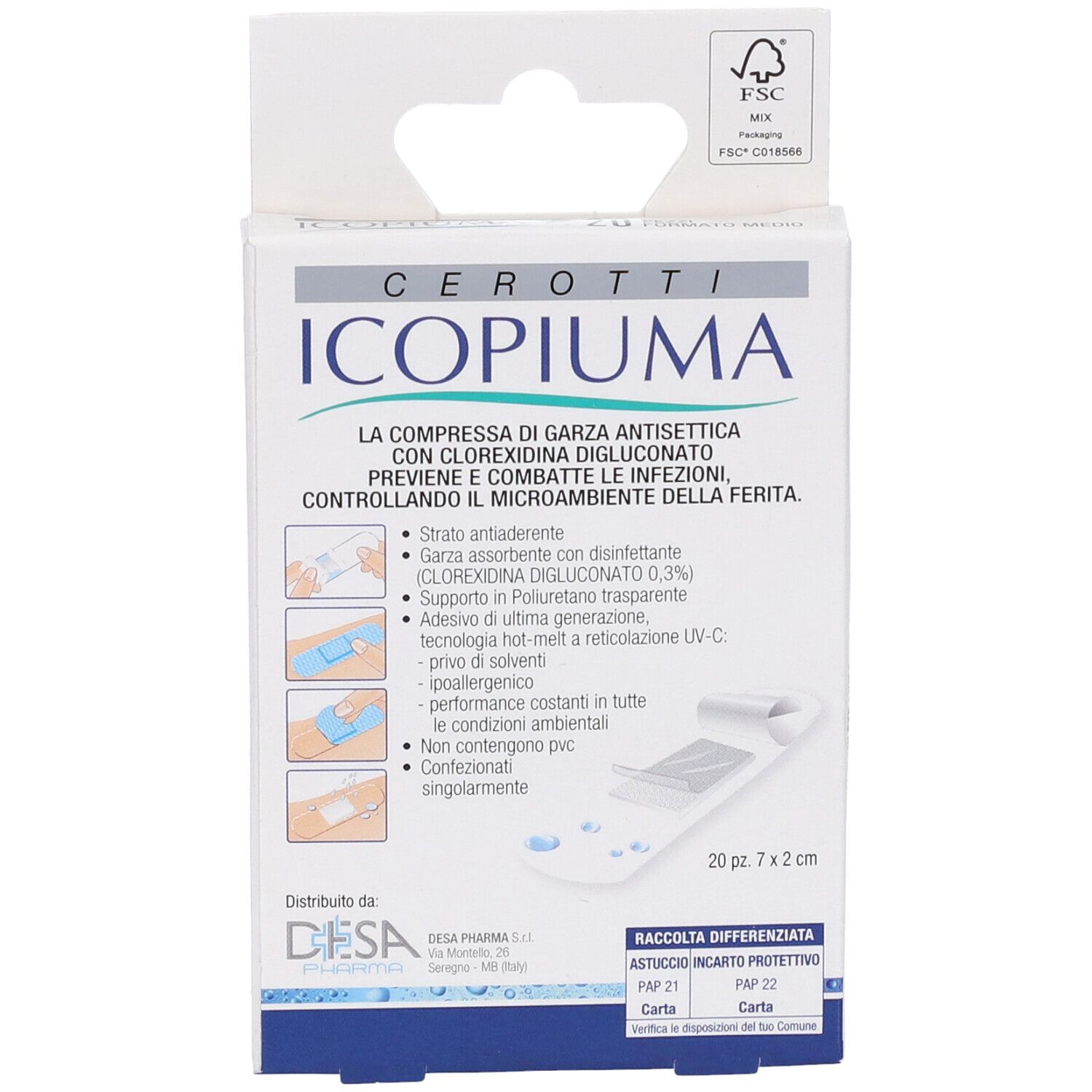 Vista frontale della confezione Cerotti Icopiuma. Contiene 20 pezzi da 7x2 cm. Certificazione FSC.