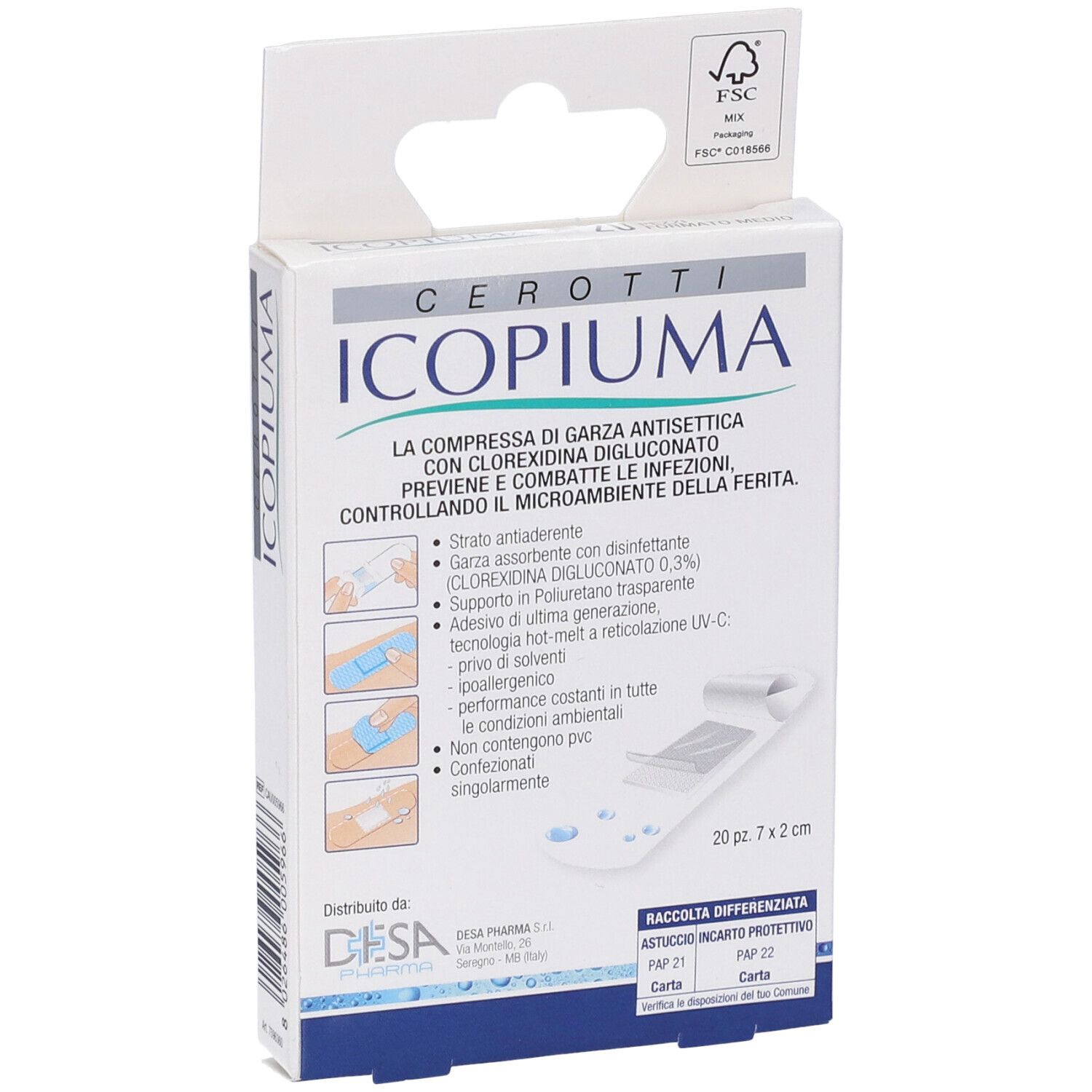 Vista frontale della confezione Cerotti Icopiuma. Contiene 20 pezzi da 7x2 cm. Certificazione FSC.
