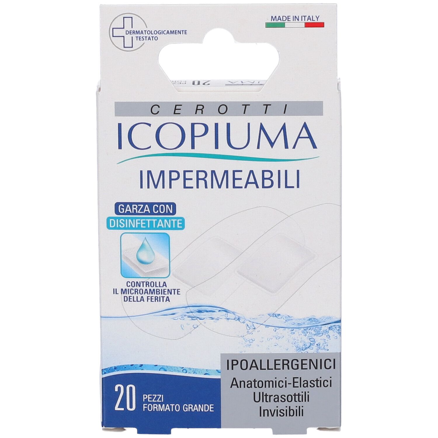 Confezione da 20 cerotti Icopiuma impermeabili, ipoallergenici, anatomici ed elastici.