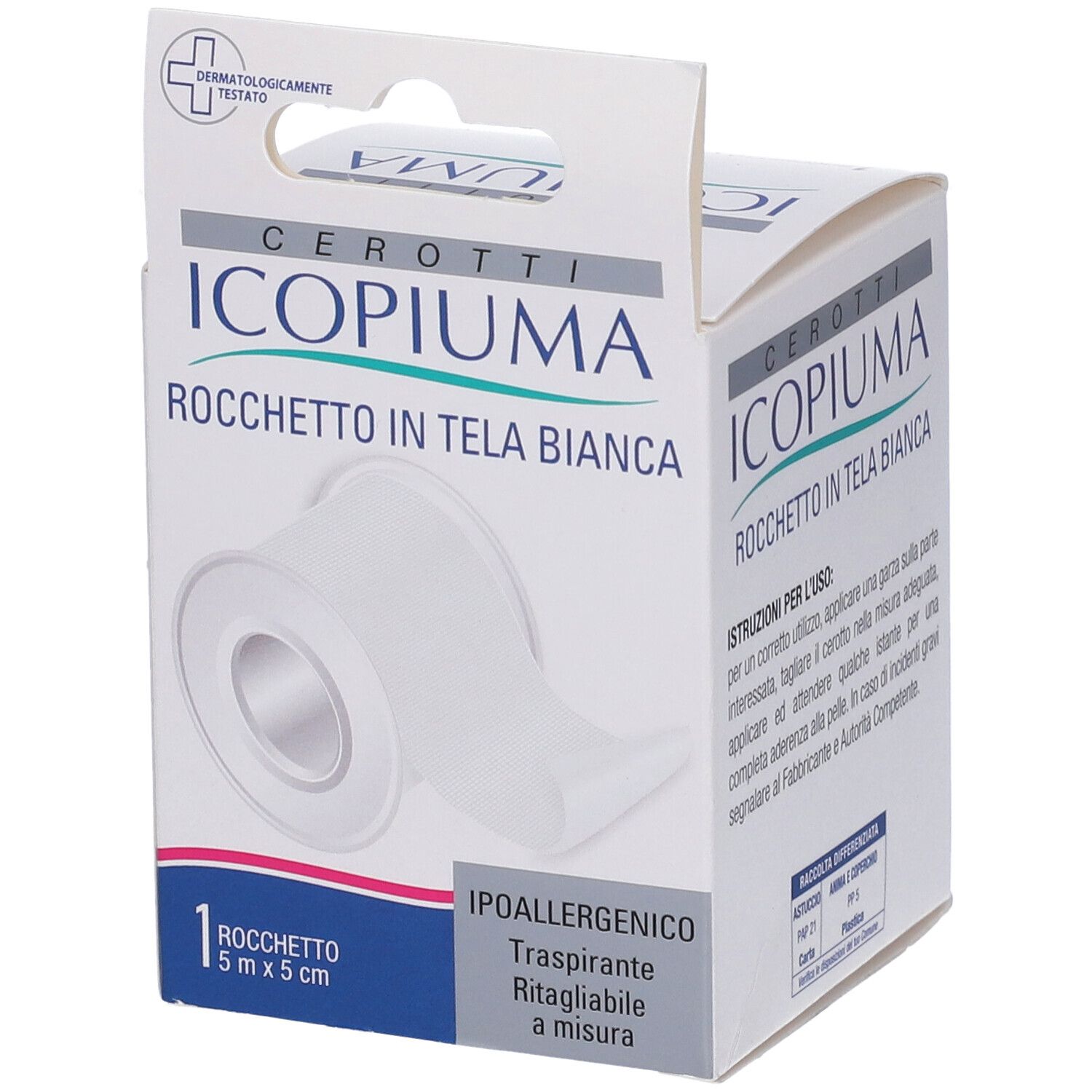 Confezione in cartone con cerotto bianco. Scritta: Icopiuma, 5cm x 5m, ipoallergenico. Dermatologicamente testato.