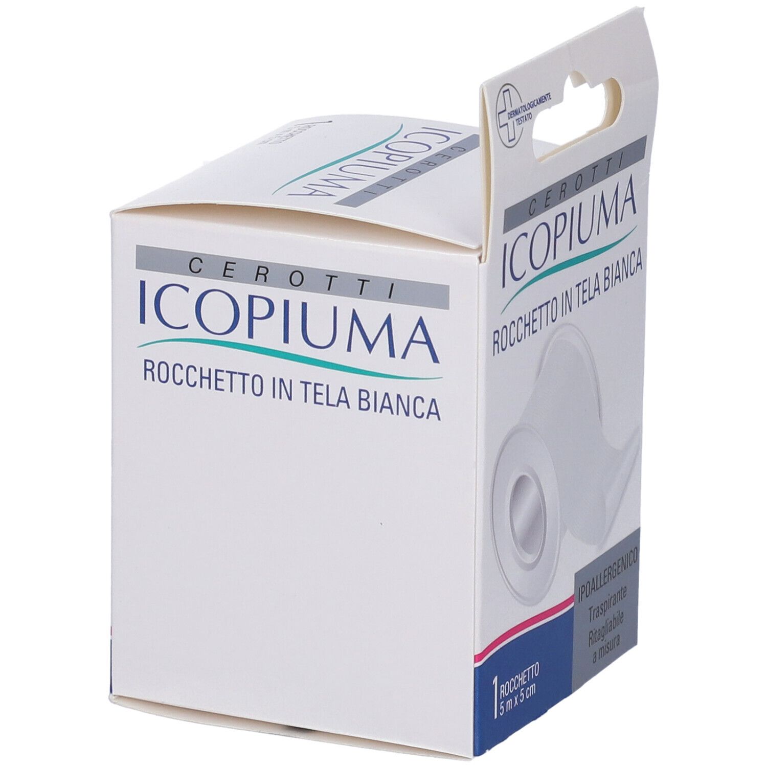 Confezione in cartone con cerotto bianco. Scritta: Icopiuma, 5cm x 5m, ipoallergenico. Logo del produttore.