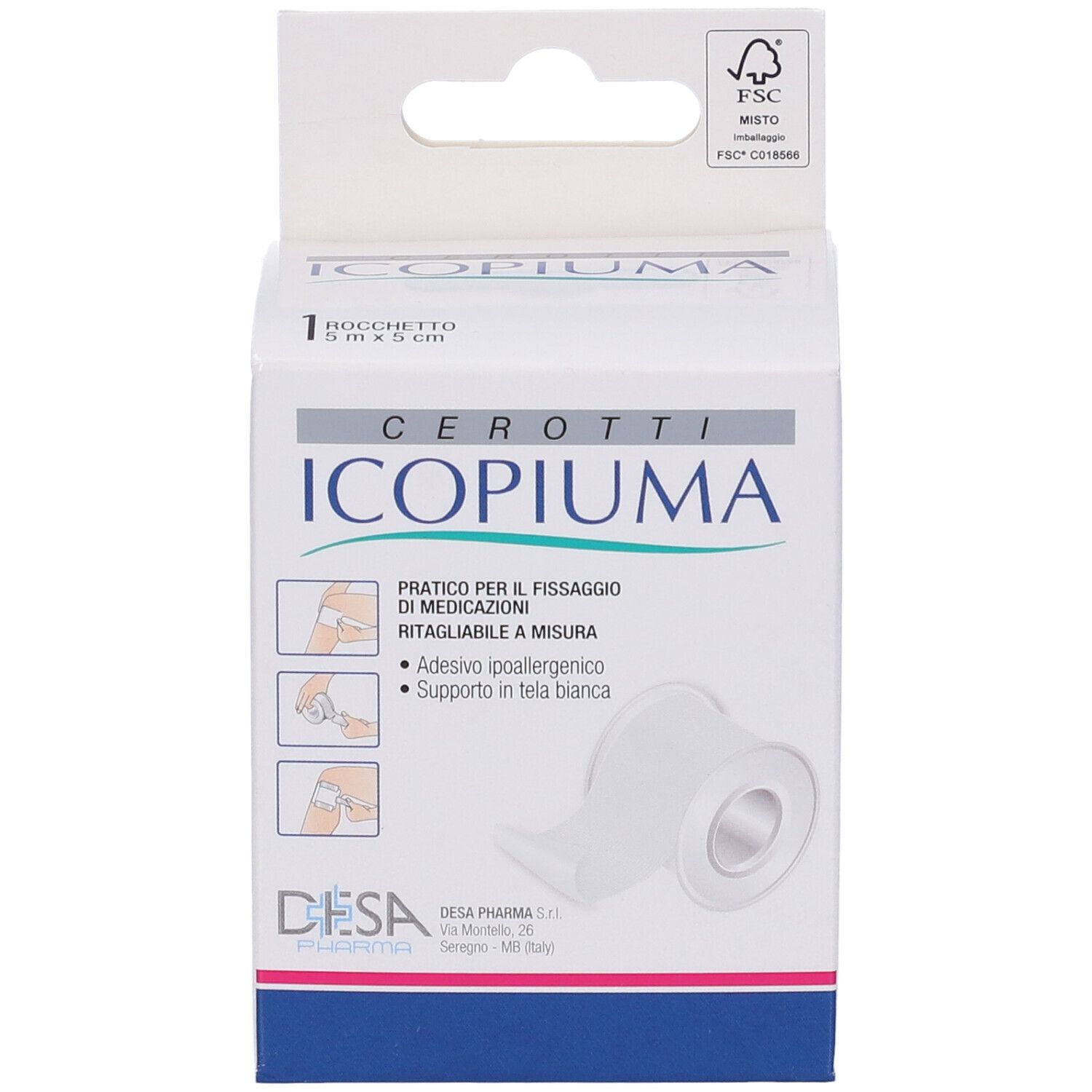 Confezione in cartone con cerotto bianco. Scritta: Icopiuma, 5cm x 5m, illustrazioni. Logo del produttore.