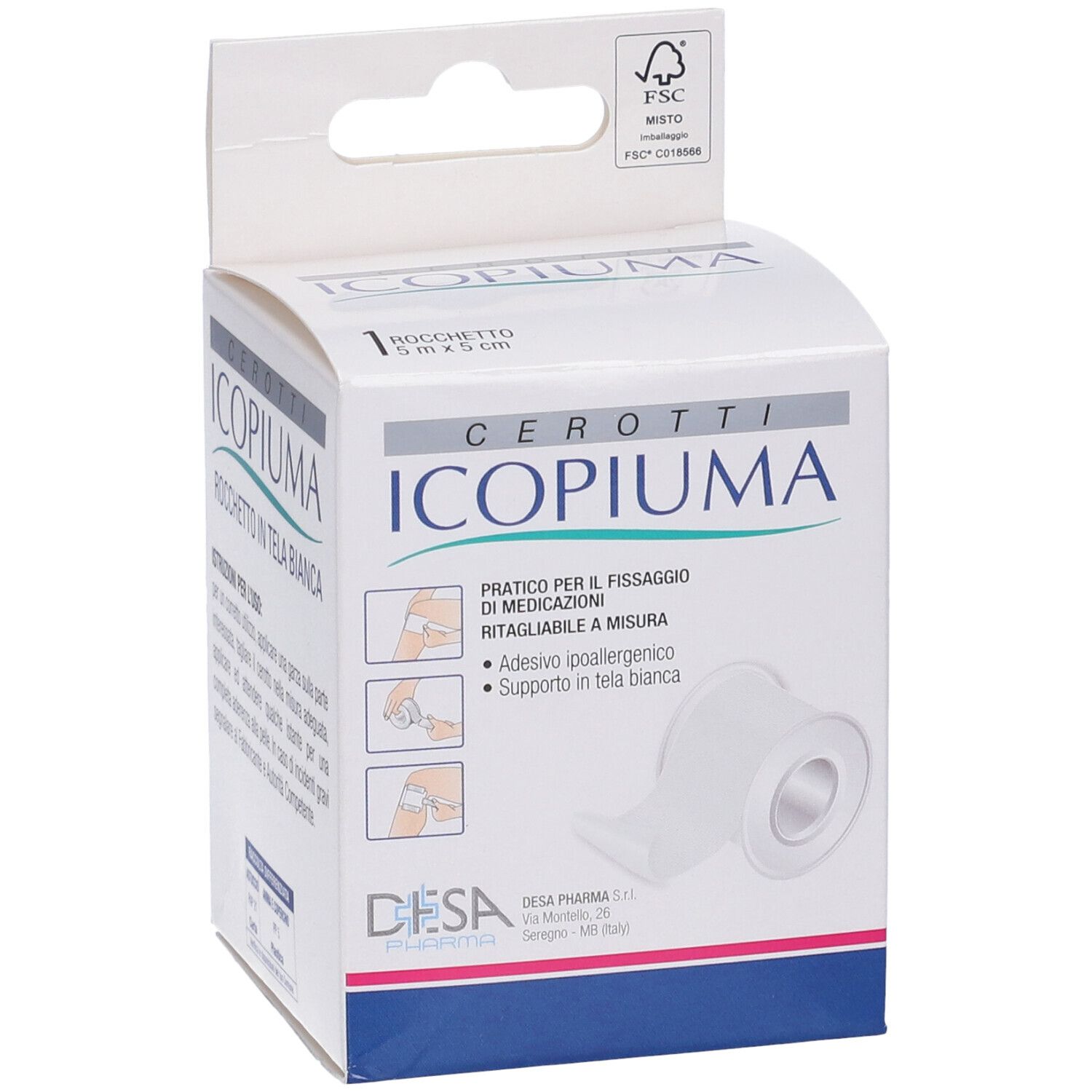 Confezione in cartone con cerotto bianco. Scritta: Icopiuma, 5cm x 5m, illustrazioni. Logo del produttore.