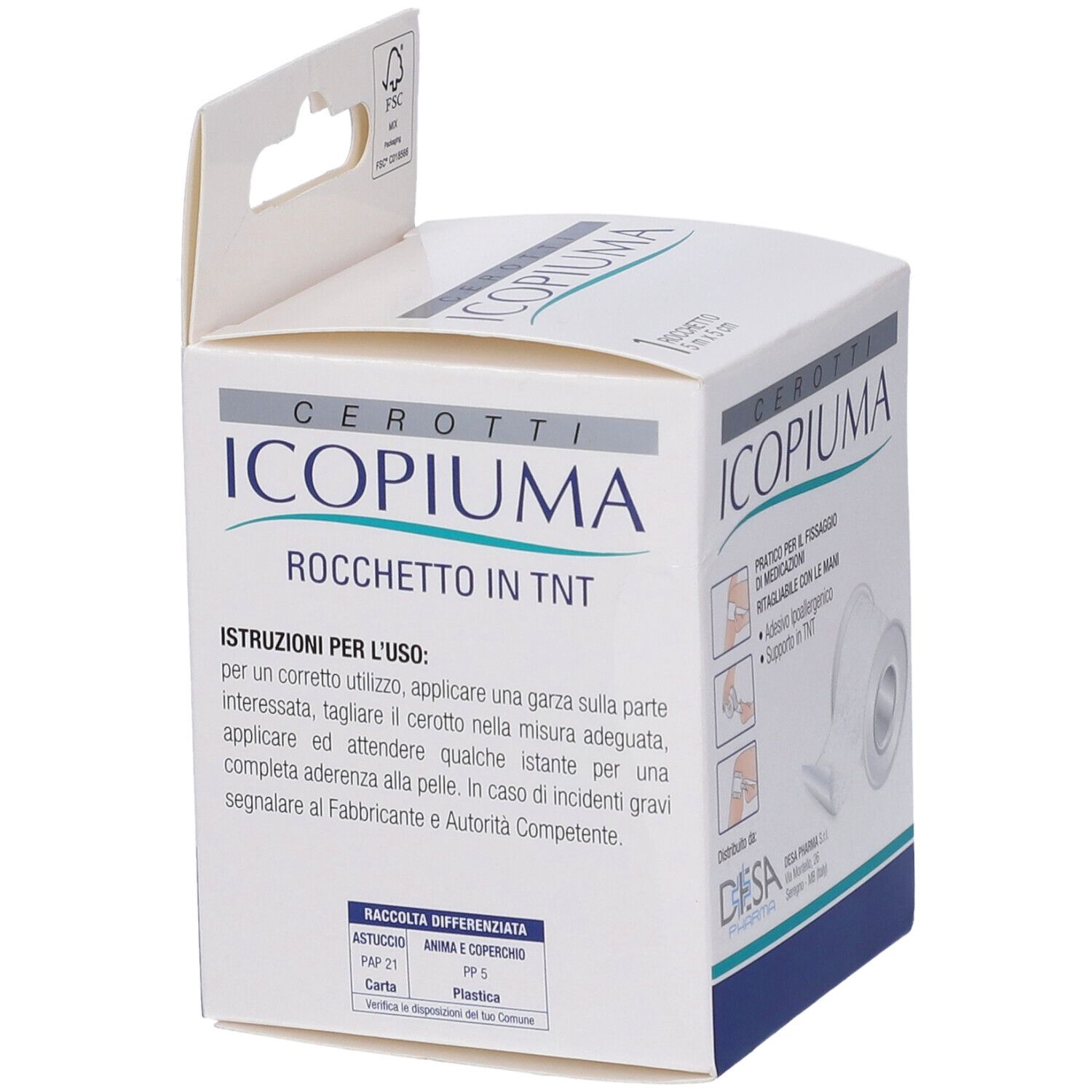 Confezione di cerotti Icopiuma in rotolo. Istruzioni per l'uso e illustrazioni. Certificazione FSC.