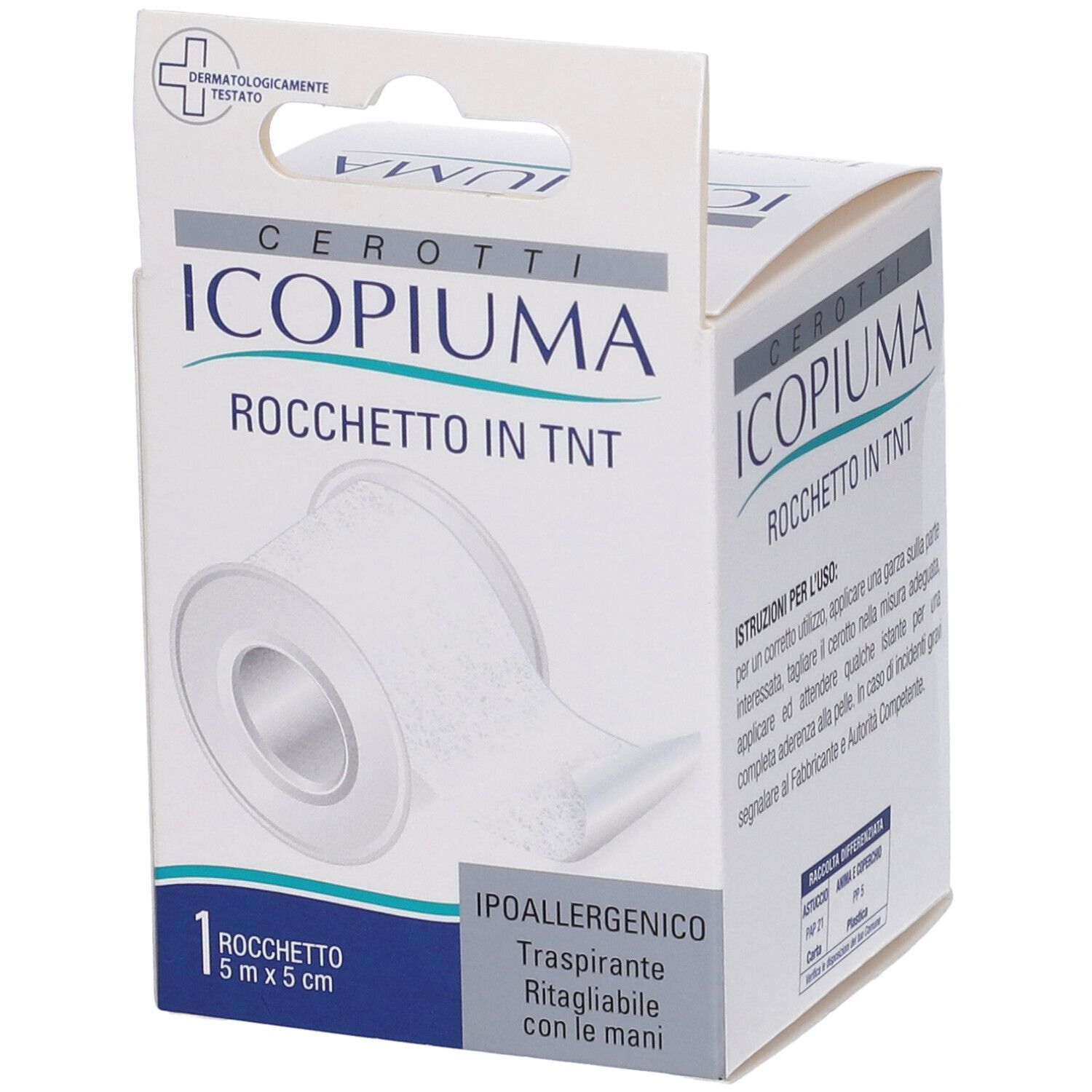 Confezione di cerotti Icopiuma in rotolo. 1 rotolo 5x5 cm. Ipoallergenico. Certificazione FSC.