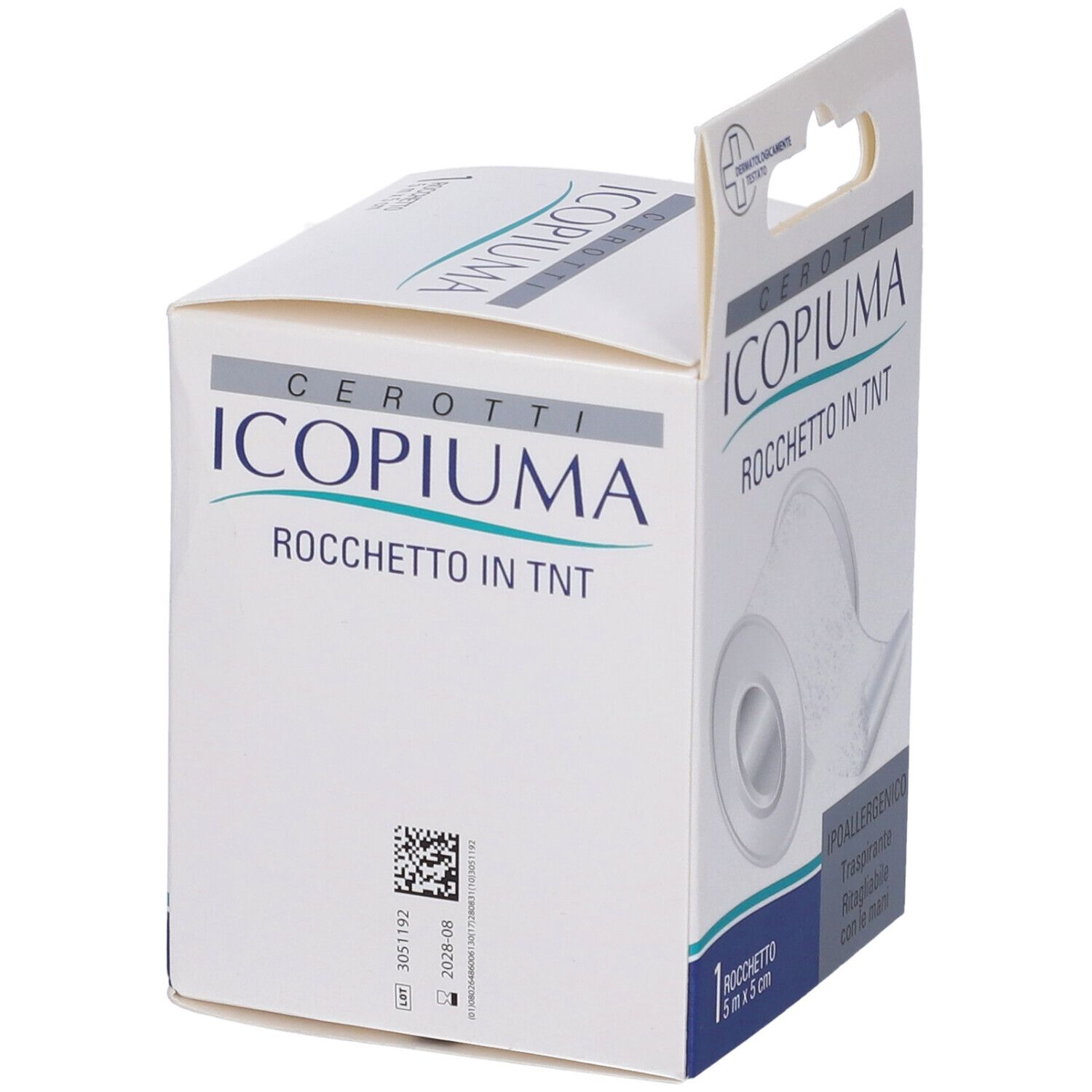 Confezione di cerotti Icopiuma in rotolo. Codice QR e numero di lotto. Certificazione FSC.