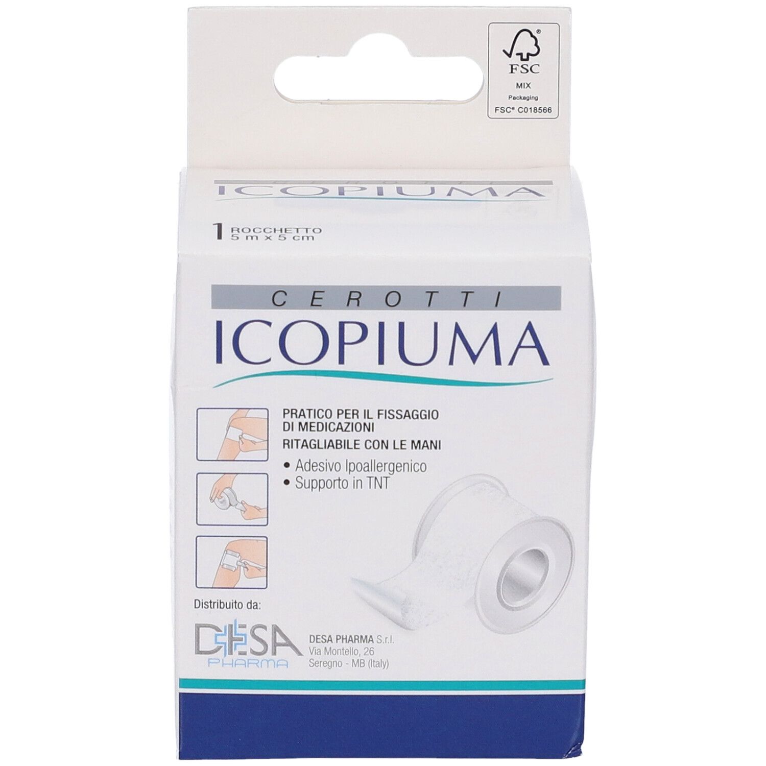 Confezione di cerotti Icopiuma in rotolo. 1 rotolo 5x5 cm. Illustrazioni d'uso. Certificazione FSC.
