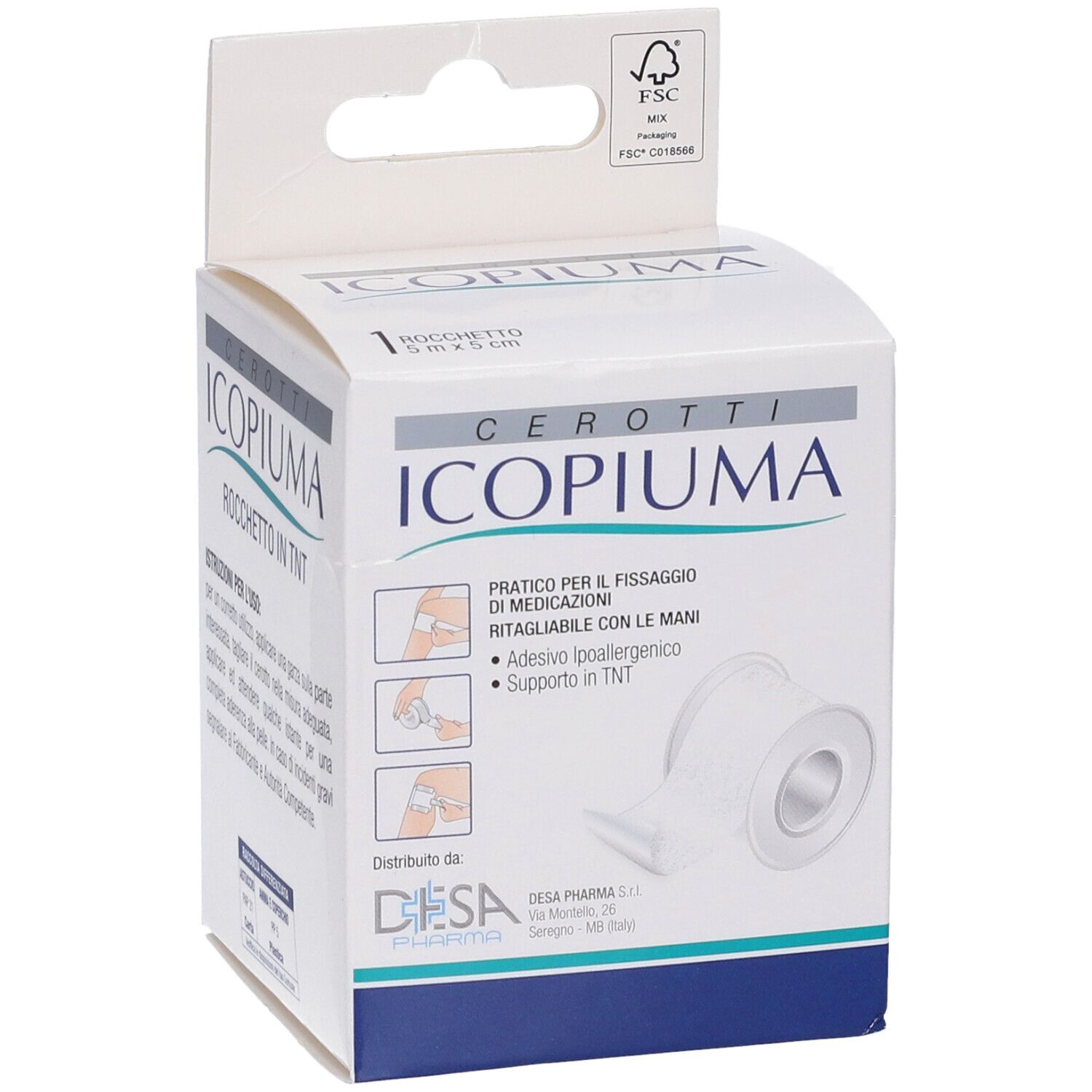 Confezione di cerotti Icopiuma in rotolo. 1 rotolo 5x5 cm. Illustrazioni d'uso. Certificazione FSC.