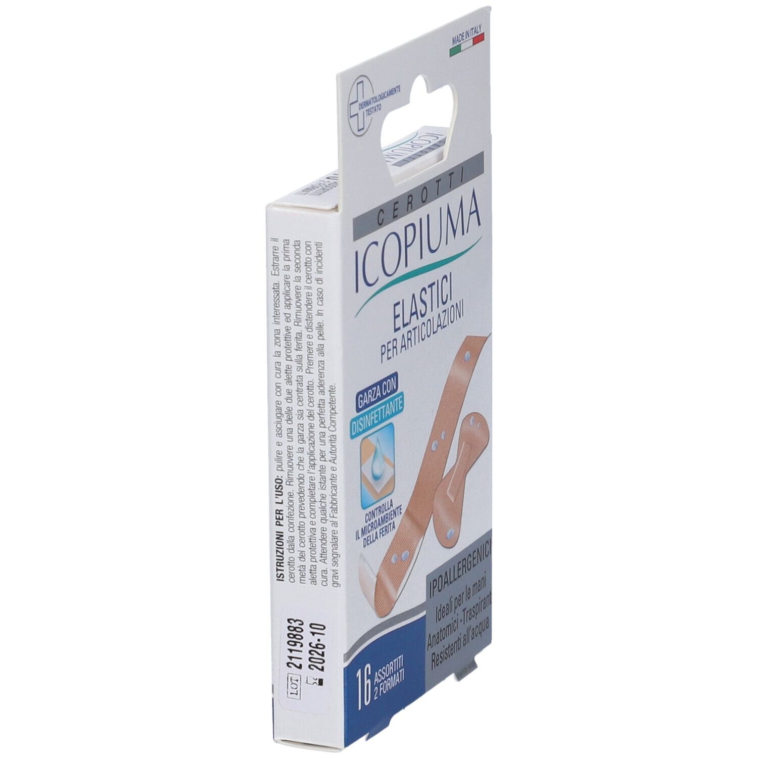 Confezione di 16 cerotti Icopiuma elastici per articolazioni. Vista laterale. Con disinfettante.