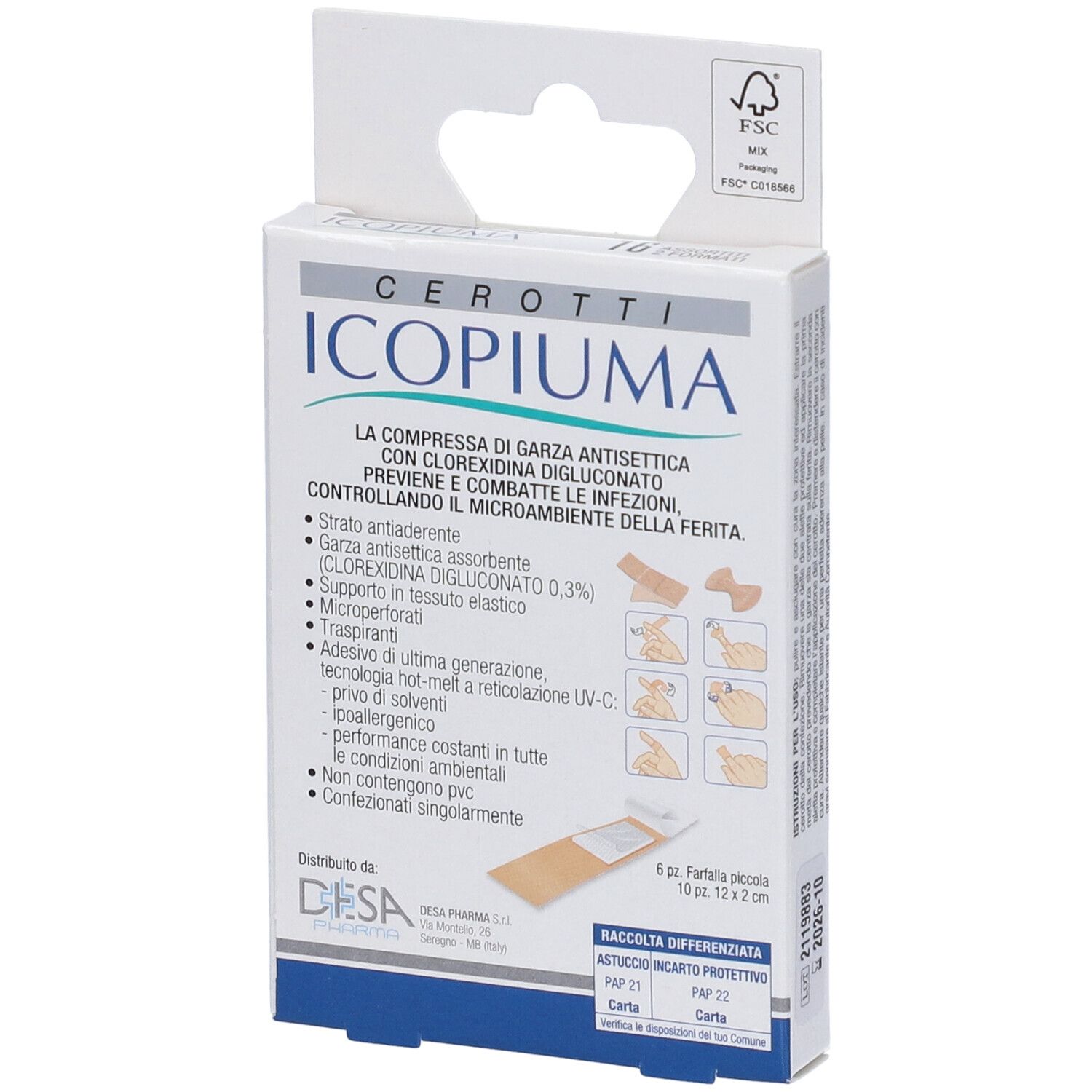 Confezione di 16 cerotti Icopiuma con garza antisettica. Contiene clorexidina digluconato.
