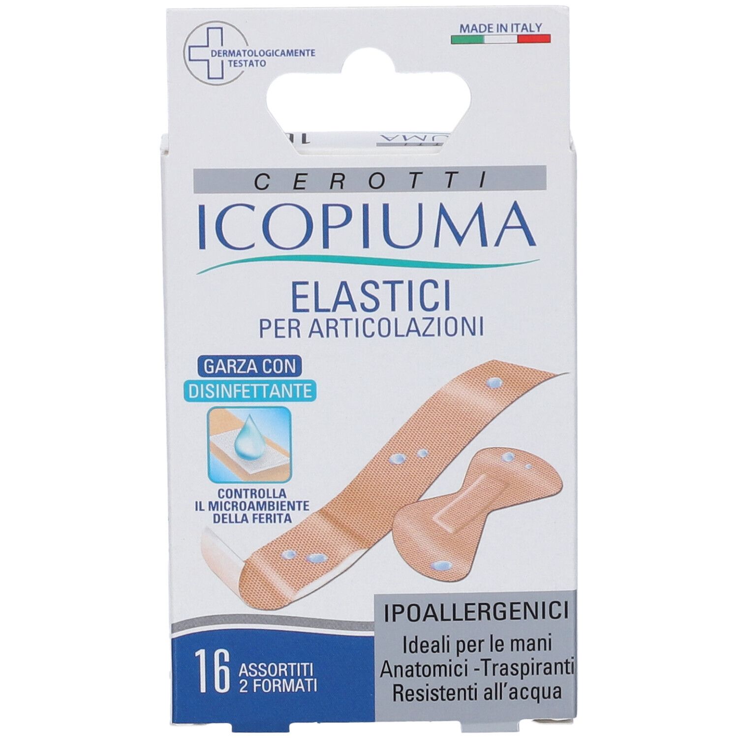 Confezione di 16 cerotti Icopiuma elastici per articolazioni, due formati. Con disinfettante.